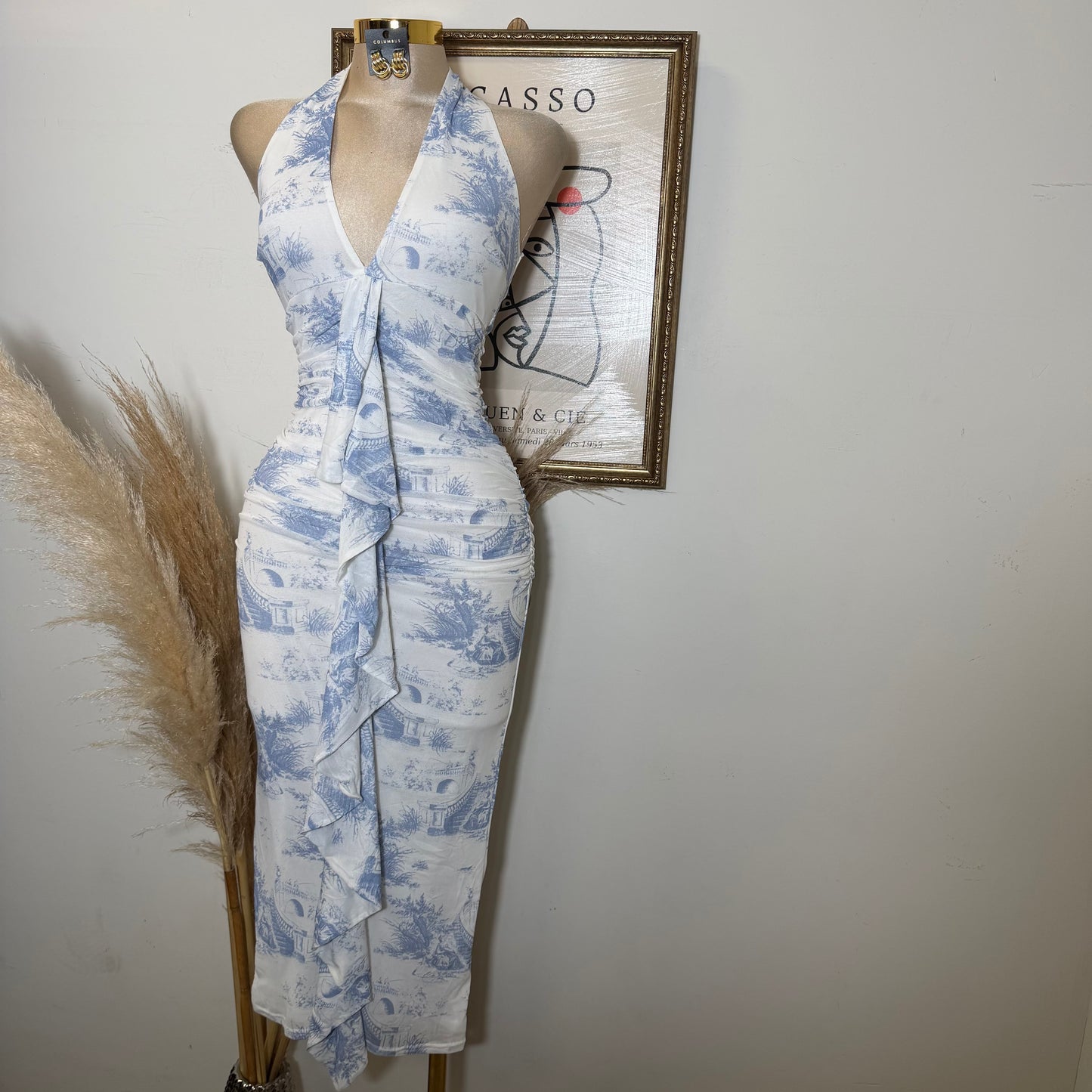 Deep plunge Halter Neck Ruched a-Line Midi Dress-Blue/White