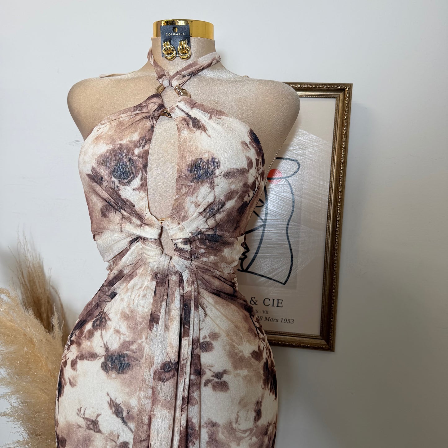 HalterNeck Print Midi Dress-Brown Floral