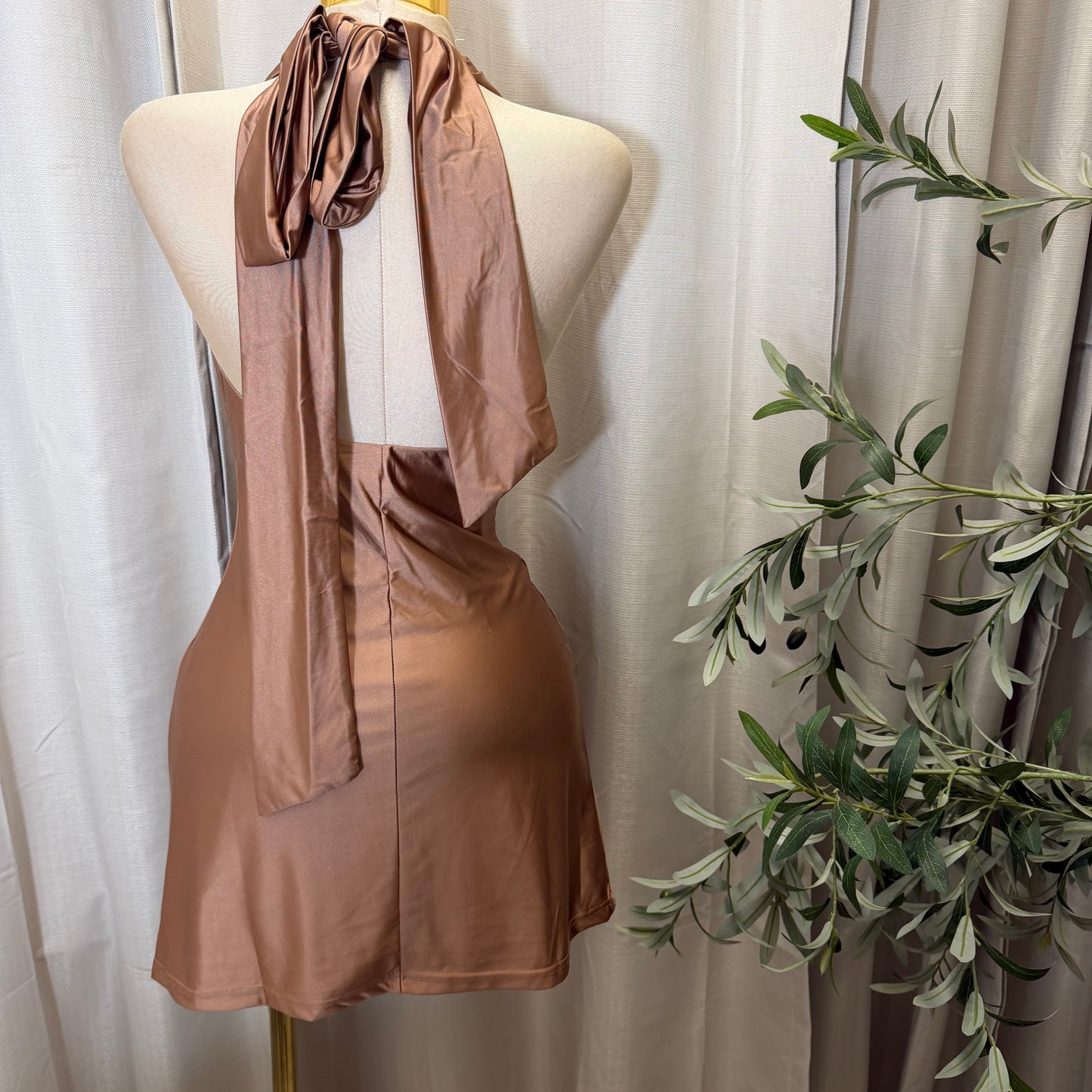Satin Halter Dress-Brown