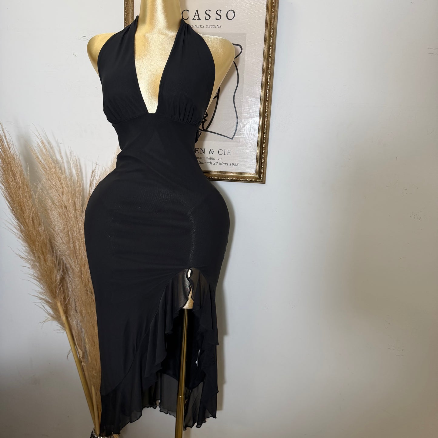 Halter Ruffle Slit Maxi Dress-Black
