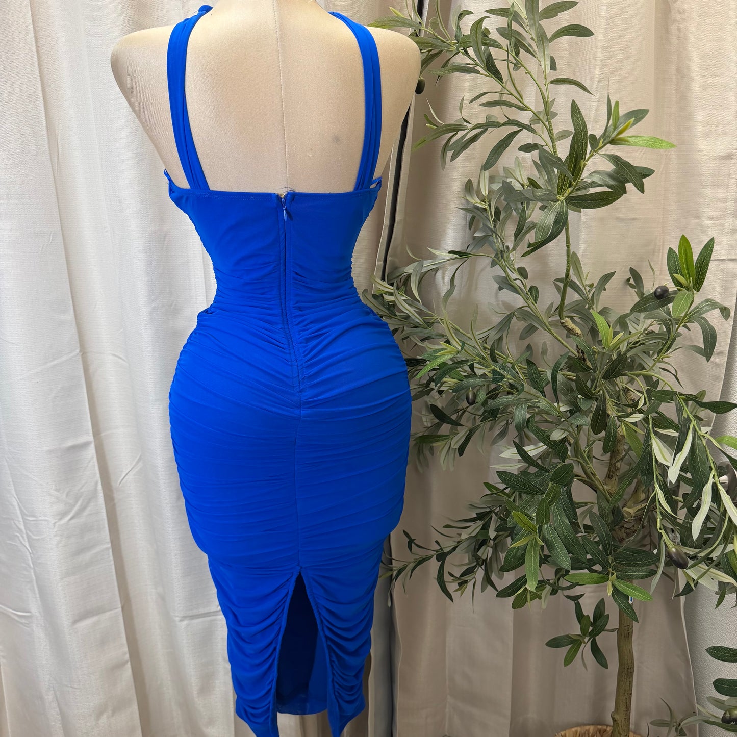 Halter Neck Trim Inset Ruched Bodycon Midi Dress-Royal Blue