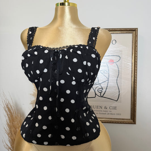 PL-Polka Dot Corset Tank Top with Smocked back- Black/White