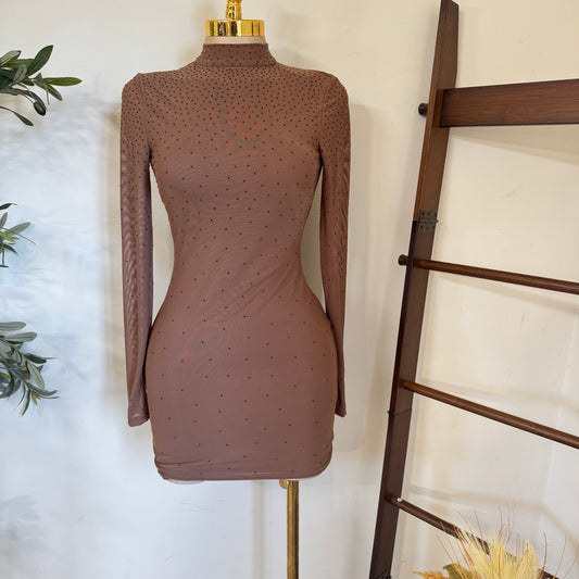 Mesh Mock Dress Rhinestone Open Back Mini Dress-Mocha