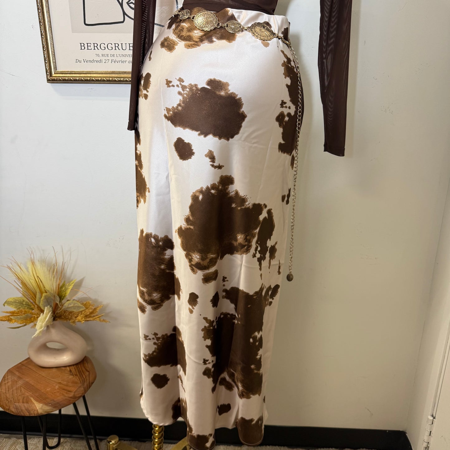 Cow Print Satin Maxi Skirt-brown
