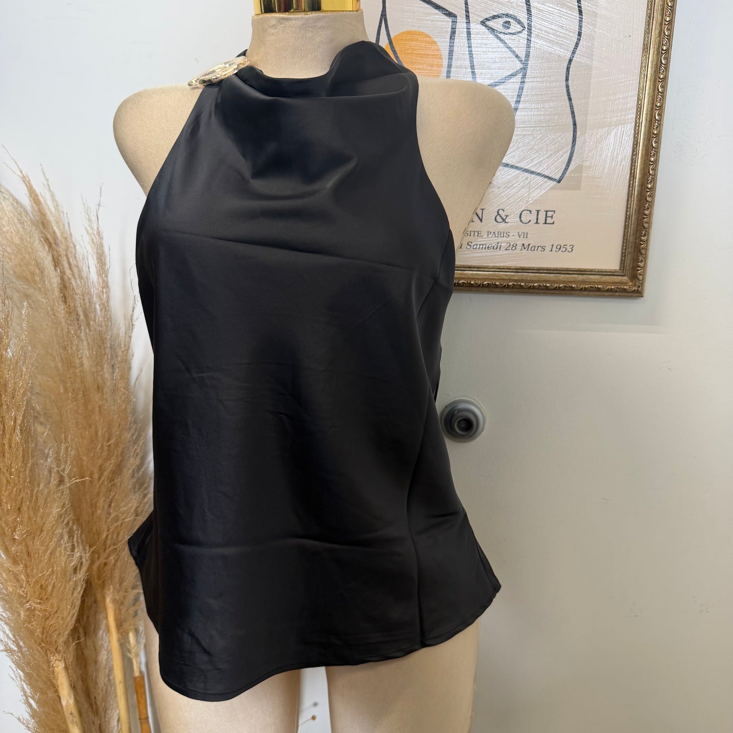 Halter Neck Satin Blouse-Black