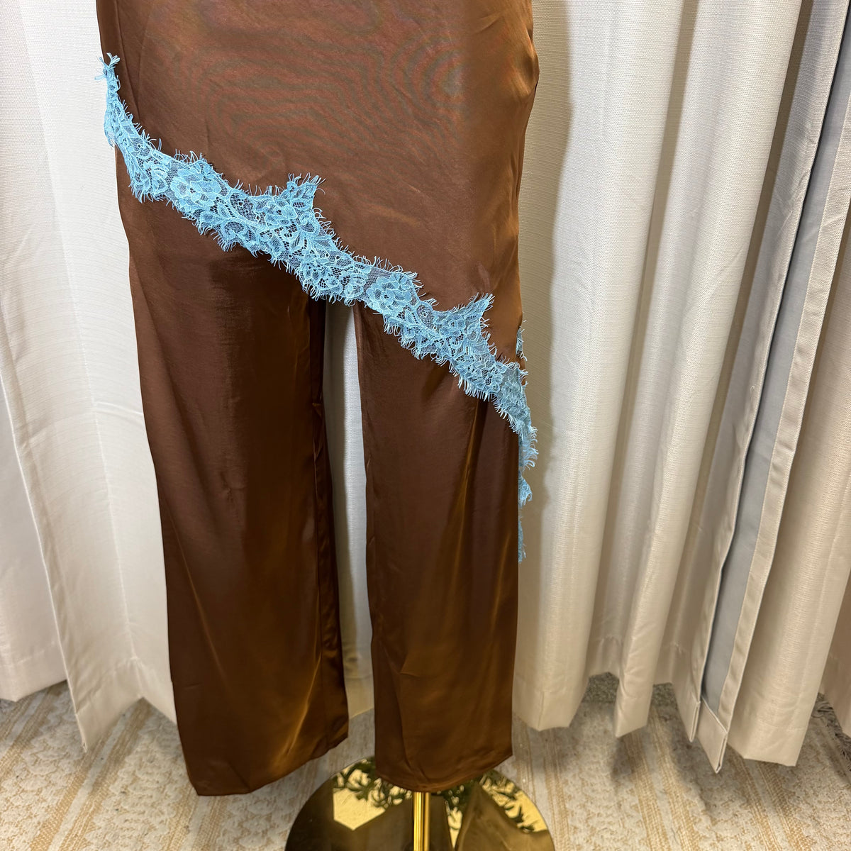 Contrast Lace Trim Satin Halter Jumpsuit-Brown/Blue