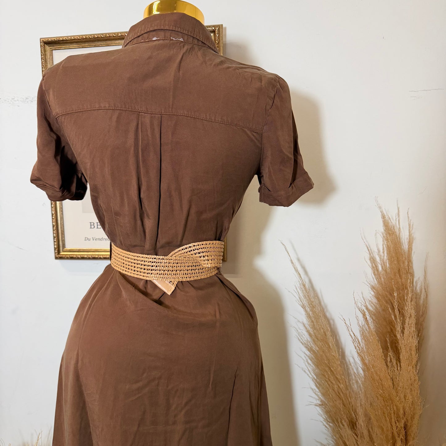 Short Sleeve Belted Dress-Brown