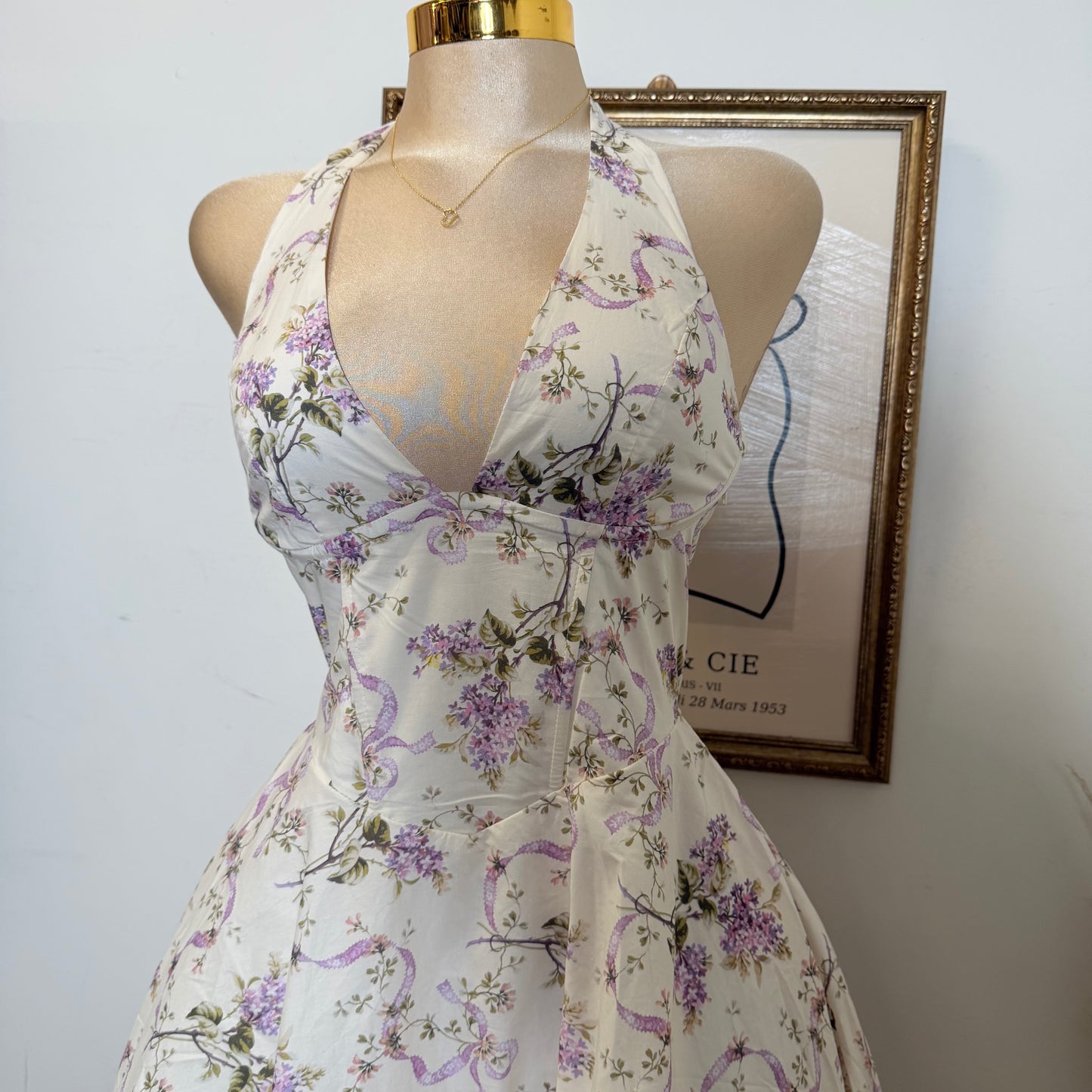 Ribbon Print Fabric Halter Corset Midi Dress-Lavender
