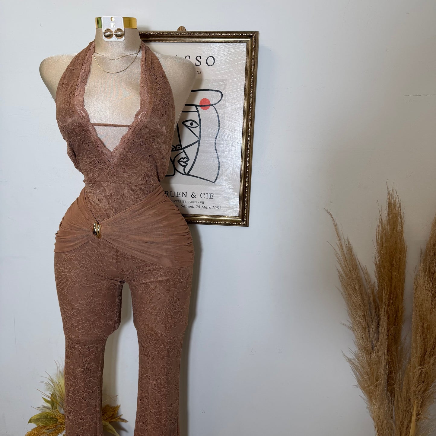 Halter Lace Jumpsuit Gold Detail-Brown