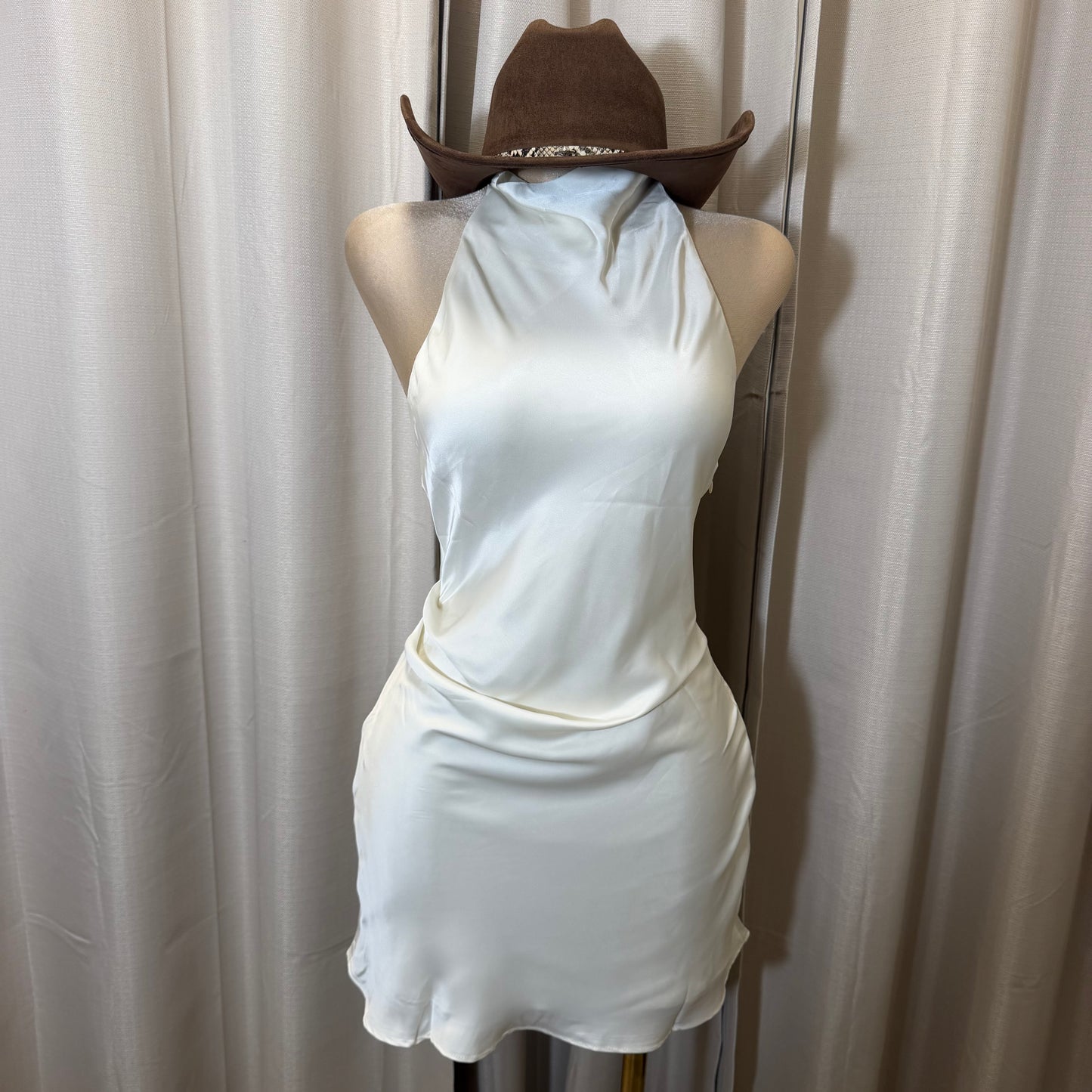 Satin Cowl Halter Neck Dress-Ivory/Cream/