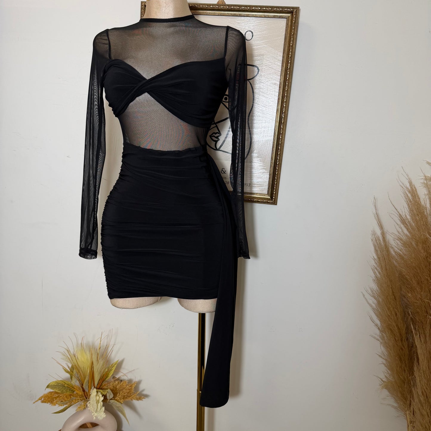 Solid Fabric with Mesh Match Mini Dress-Black