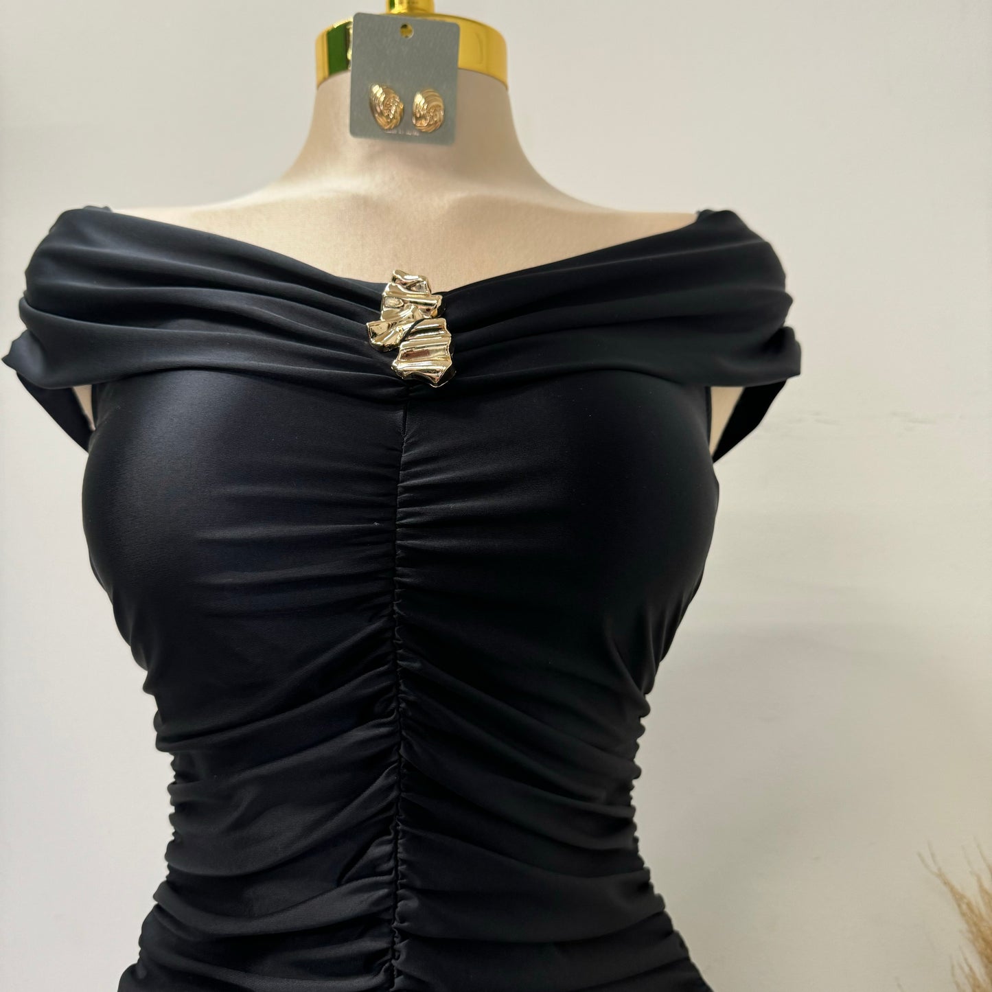 Lúxel Satin Off Shoulder MIDI Dress-Black