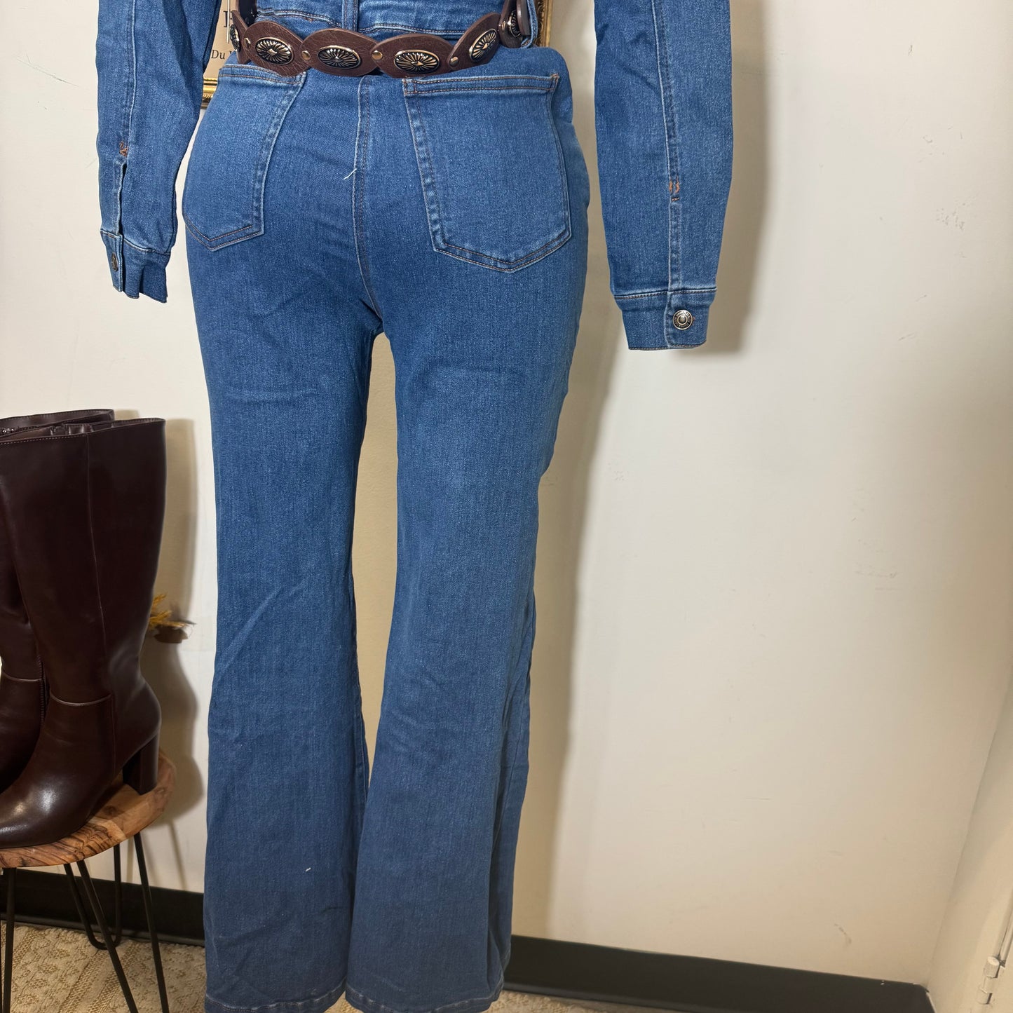 Denim Button Long Sleeve Jumpsuit -Dk denim