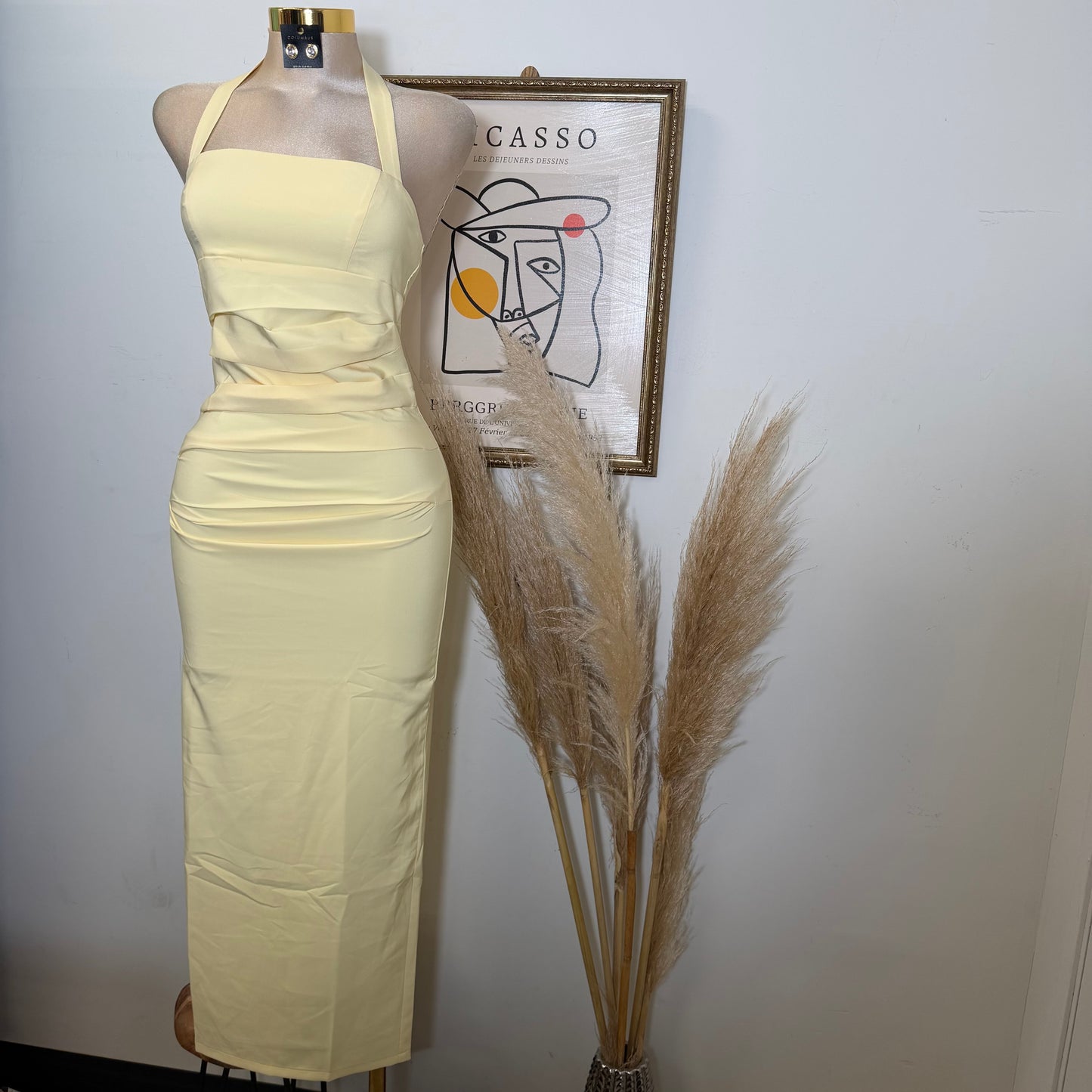 Halter Neck Structured Back Slit Maxi Dress-Baby Yellow