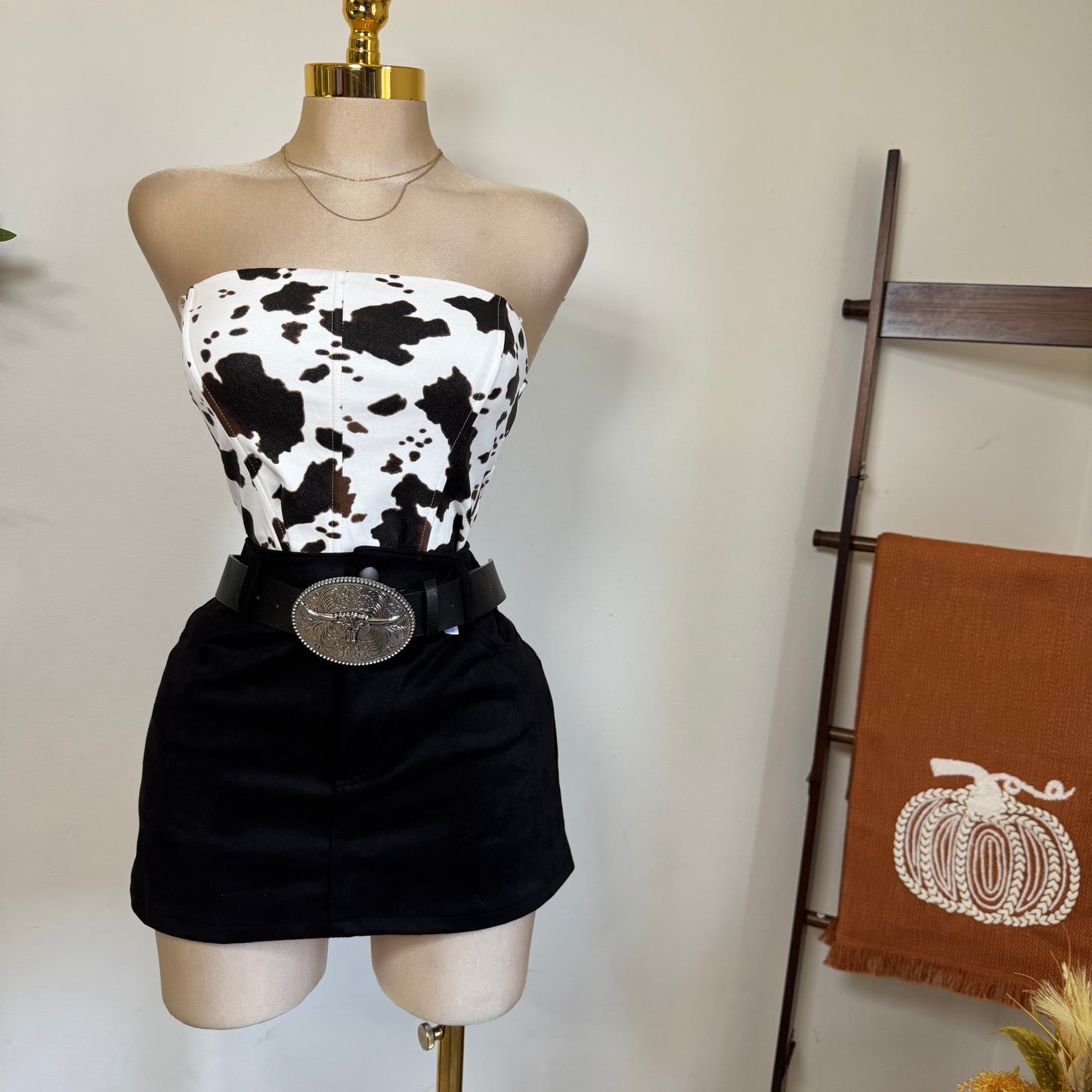 Strapless Cow Print Suede Corset Top