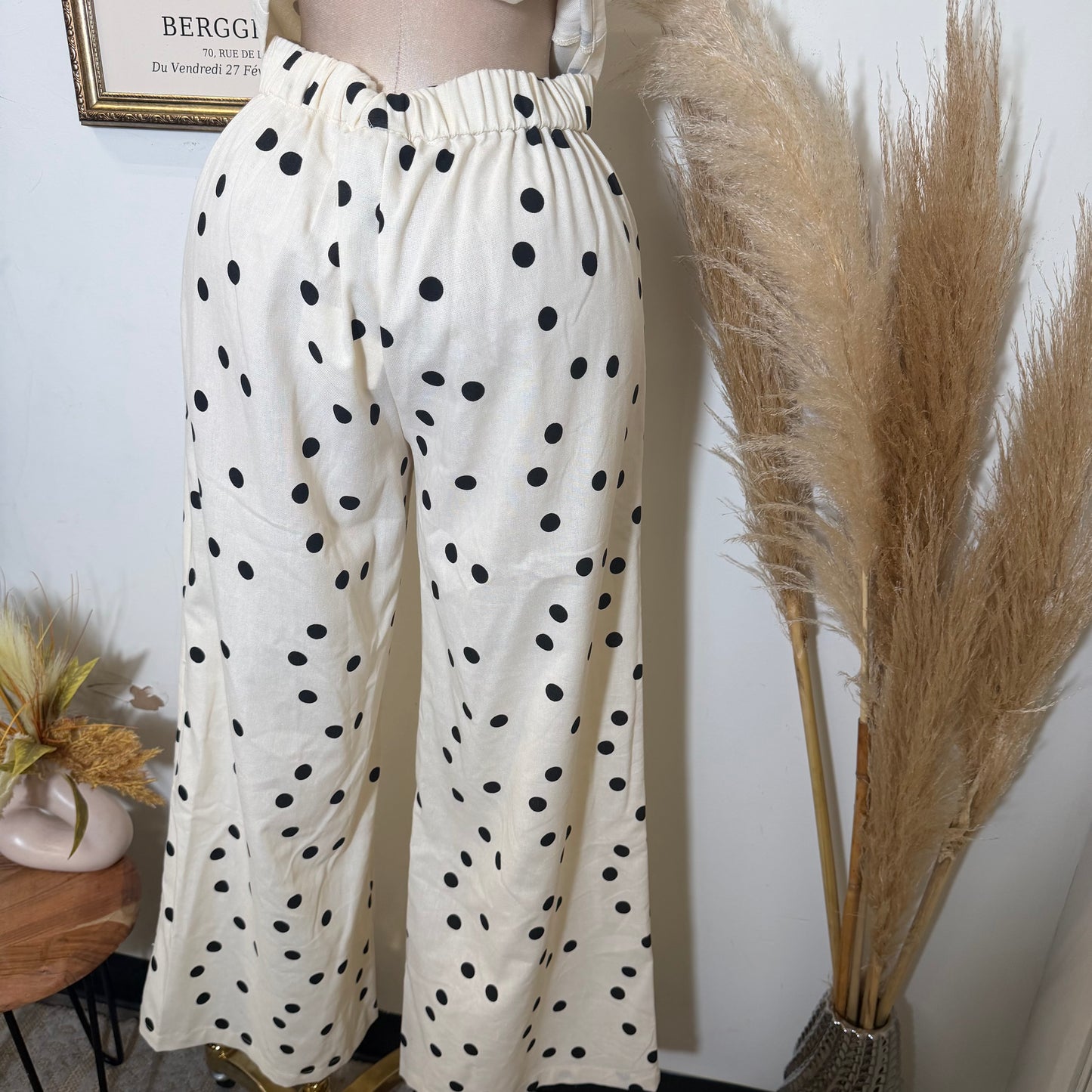 Polka Dot Linen Strapless Pant Set -Cream