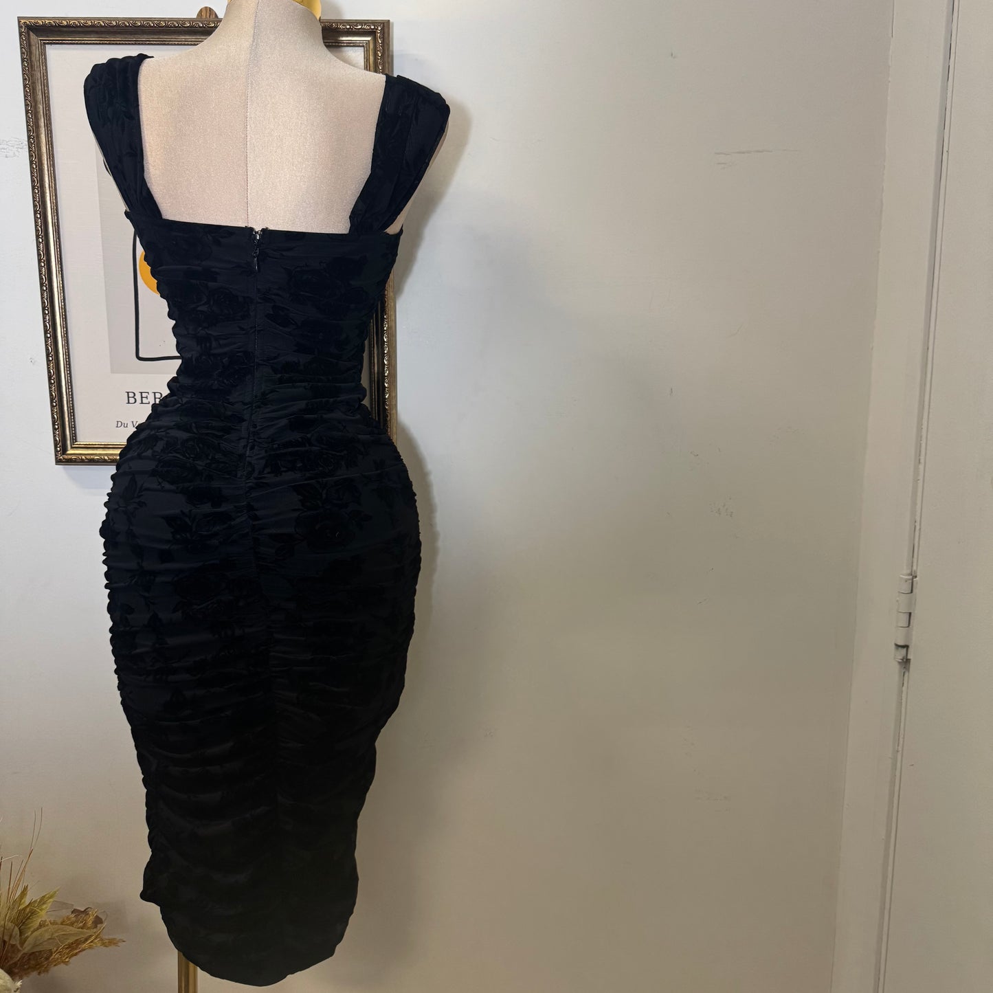 Off the shoulder Ruched Midi Dress- Black