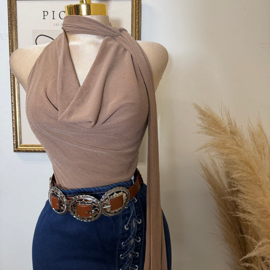 Halter cowl Neck Scarf Top-Brown