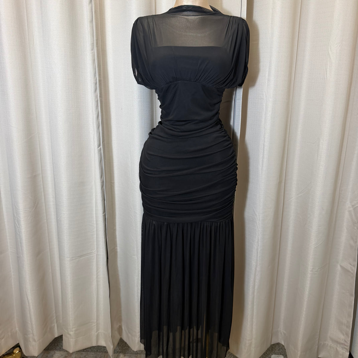 Mesh & Knit Mix Long Dress-Black