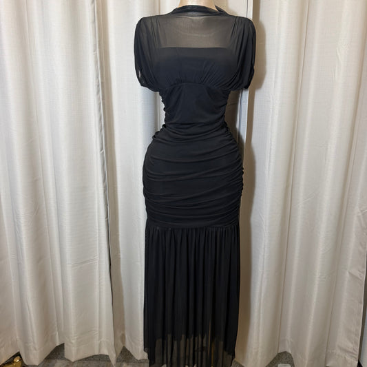 Mesh & Knit Mix Long Dress-Black