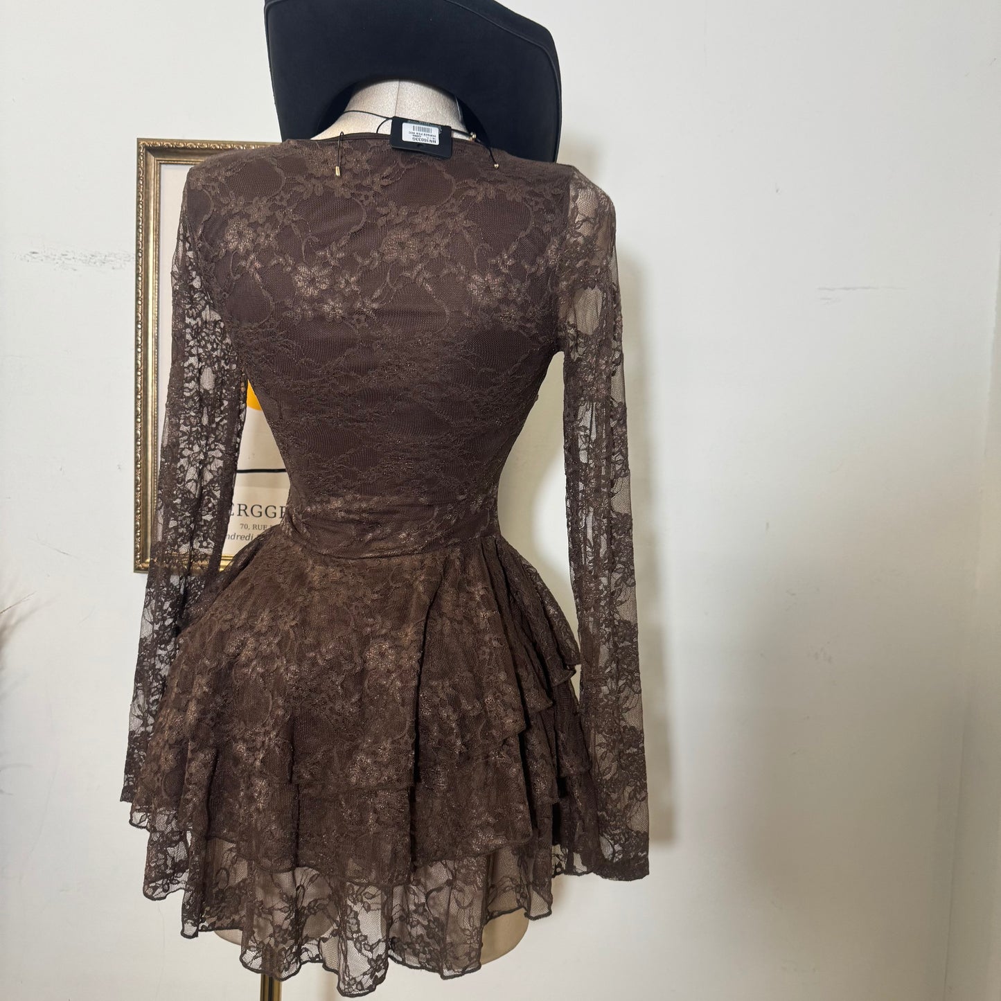 Lace Long Sleeve Ruffle Layered Mini Dress-Brown