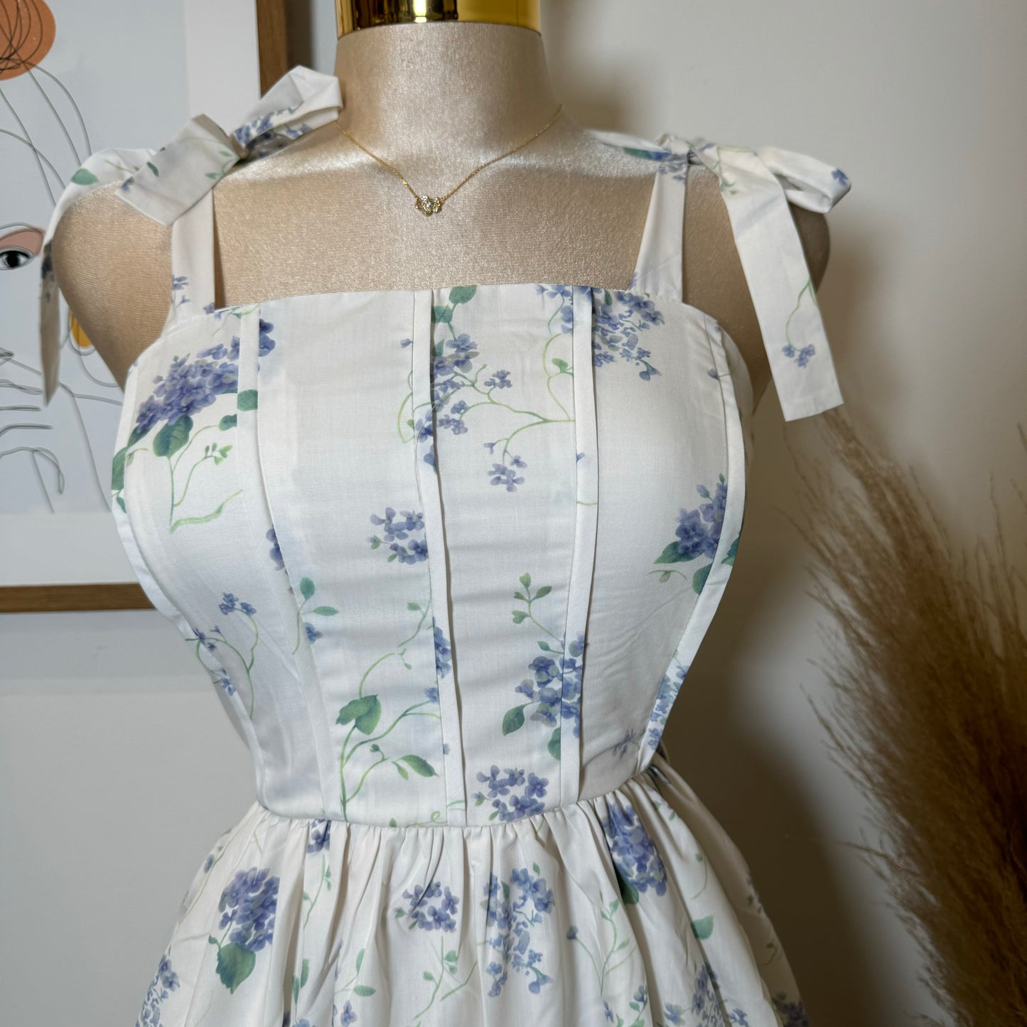 Coqueta Floral Bubble Skirt Dress-White/Blue