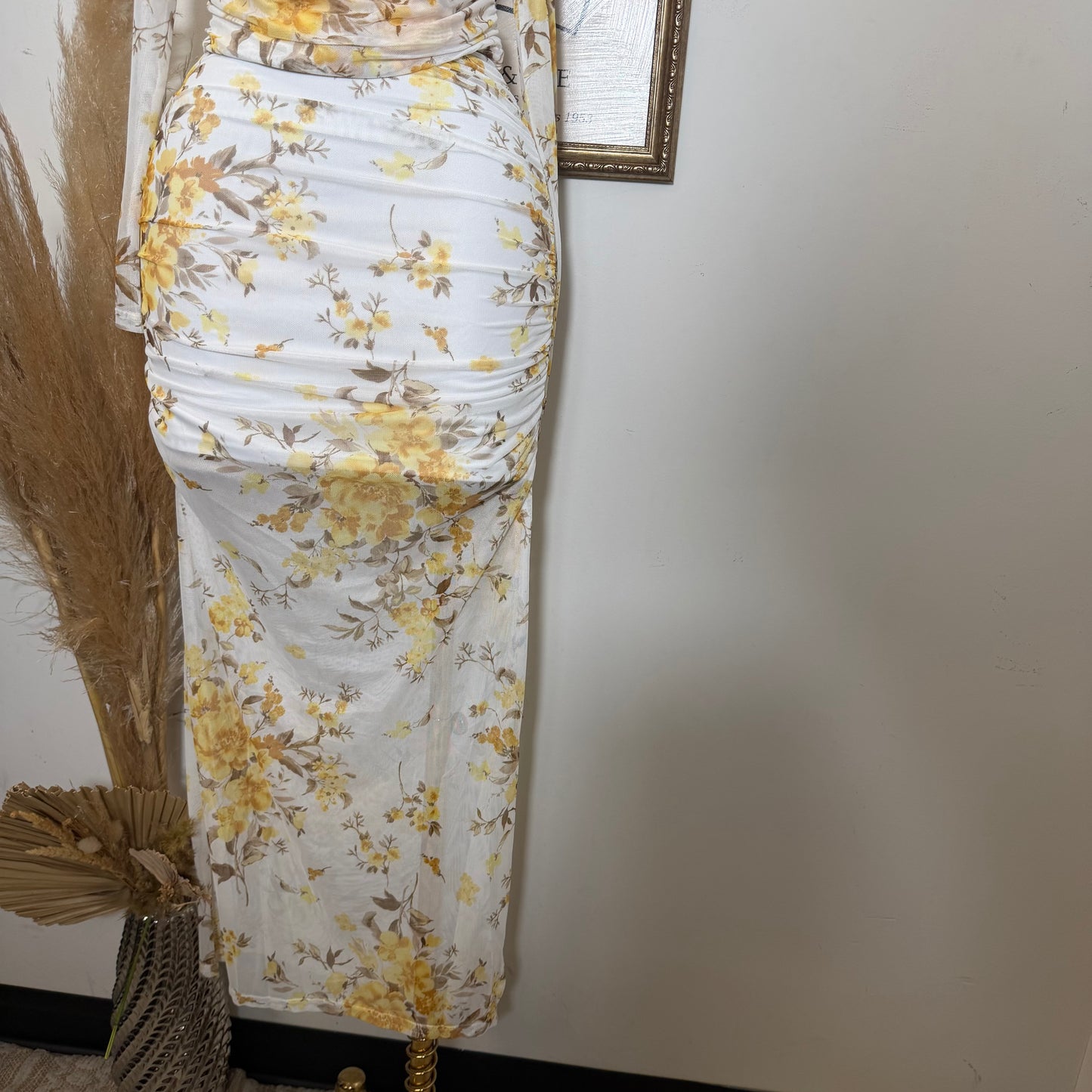 Off shoulder printed Mesh Top and ruched Maxi Skirt Set-Yellow Print