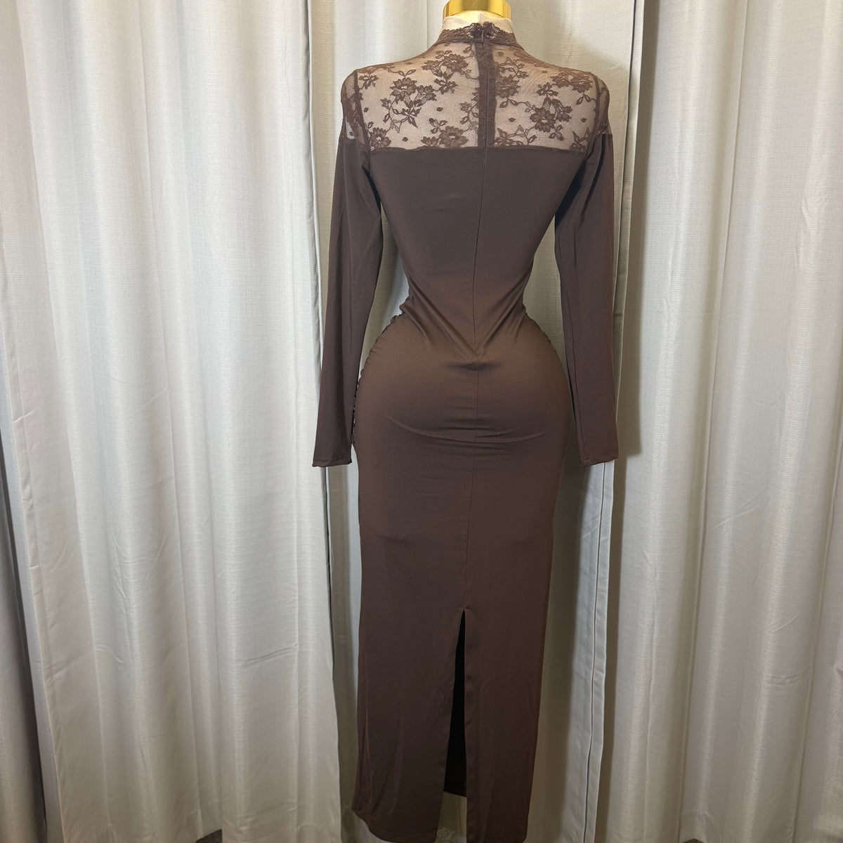 Lace Detail Long sleeve Corset Maxi Dress-Brown