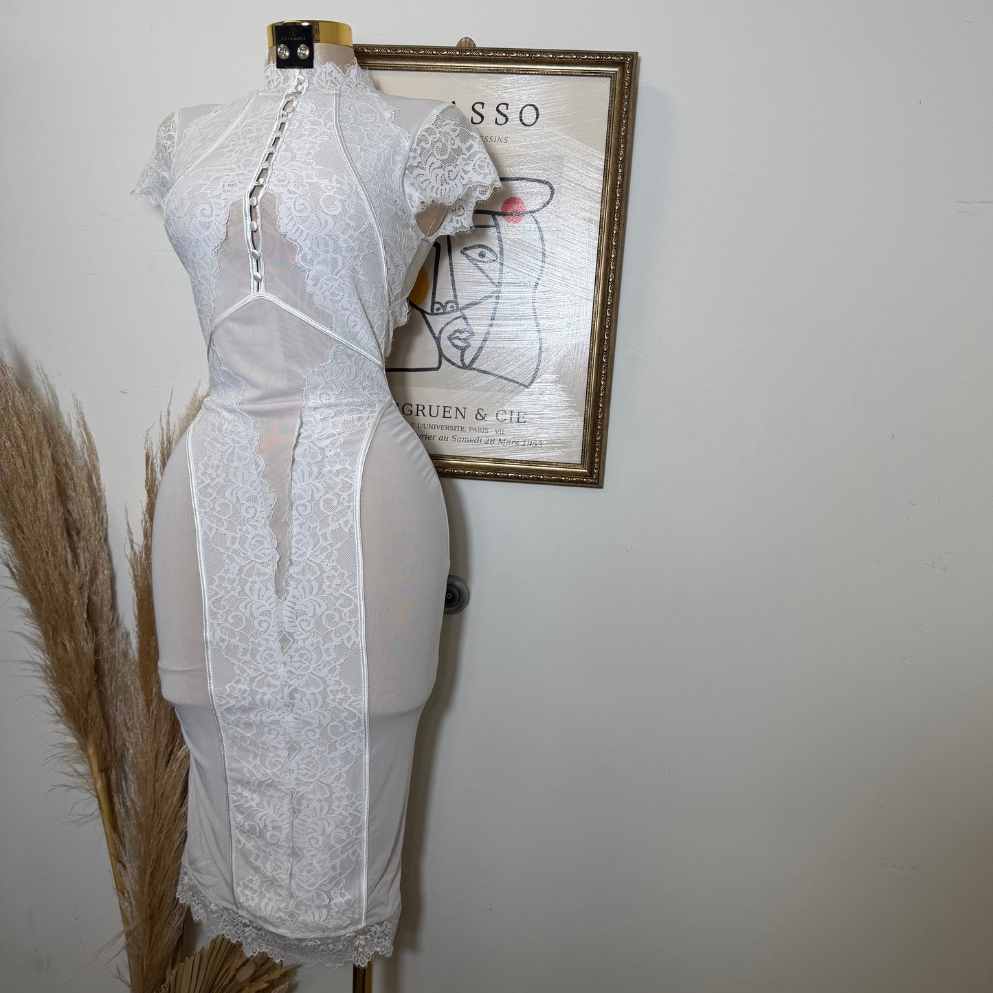 Lace Midi Dress-White