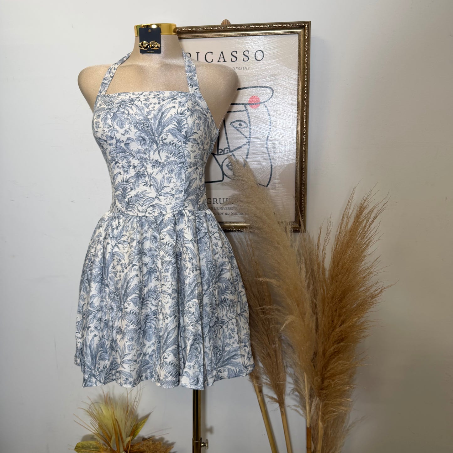 Tropical Toile Halter Mini Dress-Beige/Navy