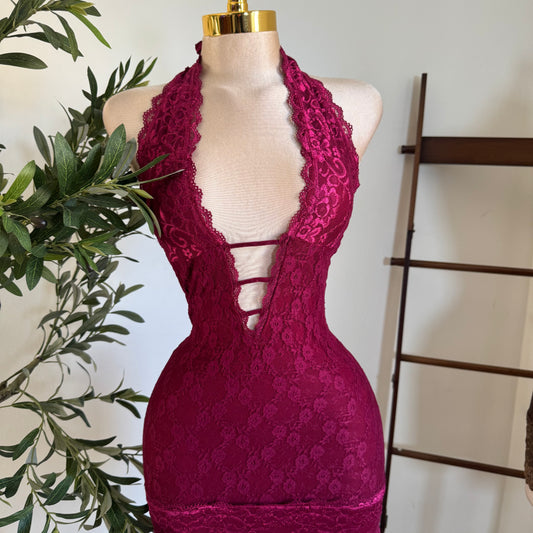 Sexy Lace Mini Dress-Burgundy