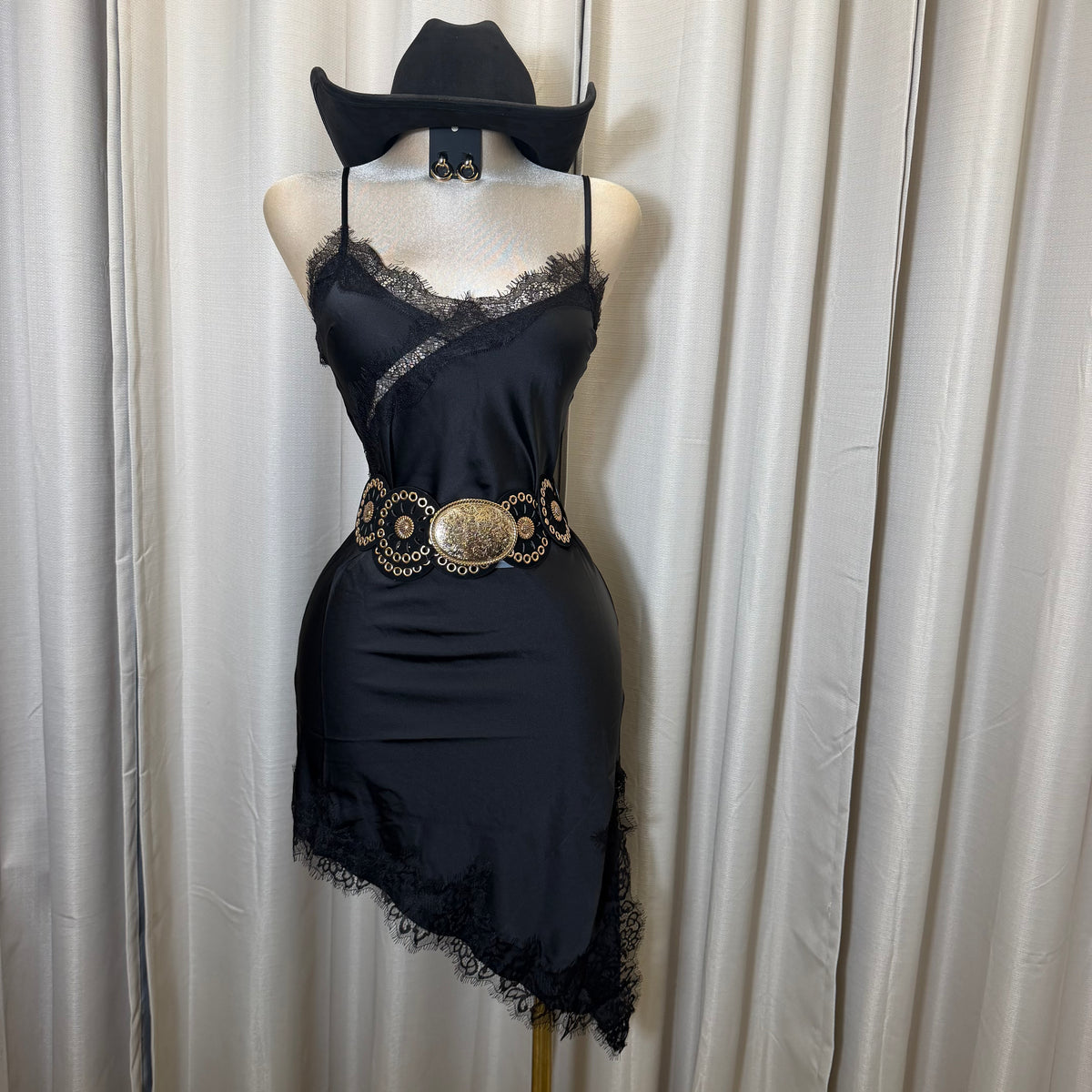 Satin Asymmetrical Lace detail Dress-black