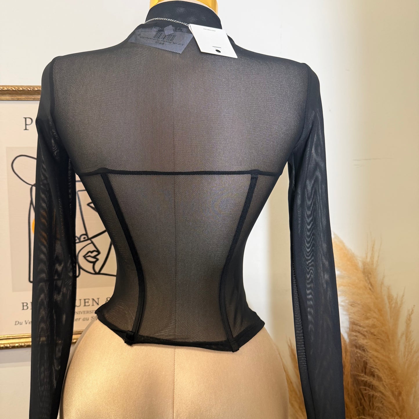 Long Sleeve Mesh Top with bra cups-Black