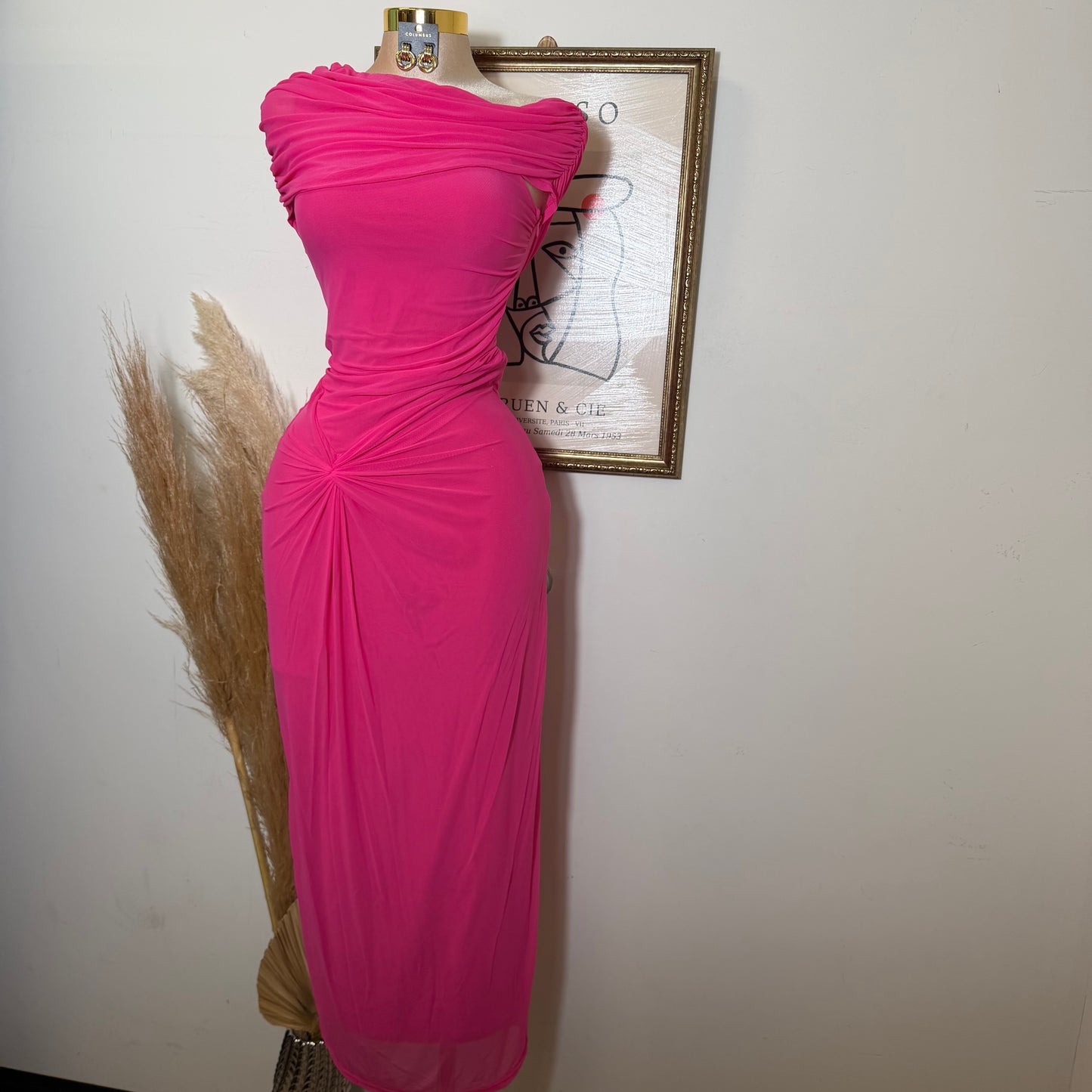 Maxi Mesh Dress Detail in the front -Hot Pink