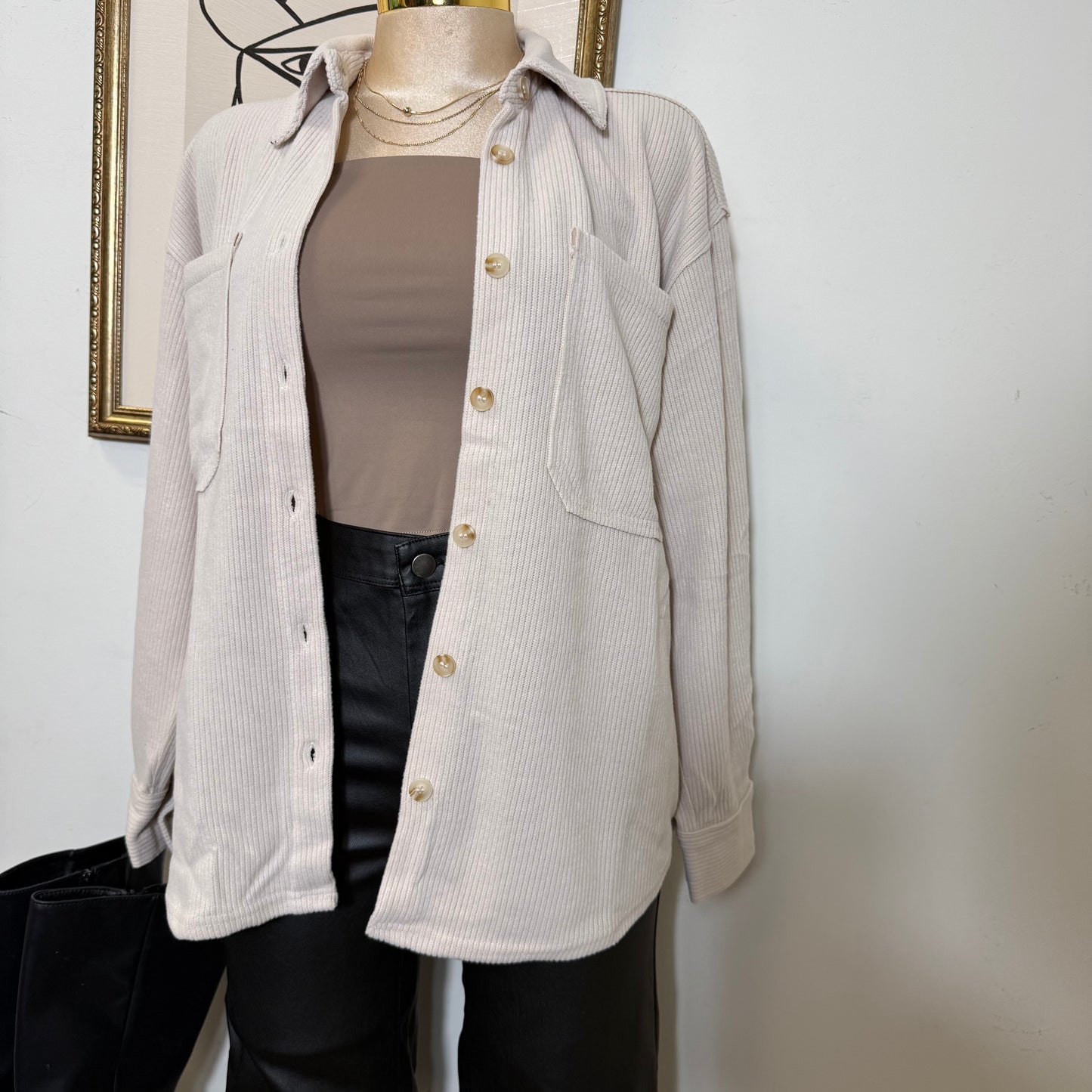 Rib Knit Exposed Seam Button up Top-Oatmeal