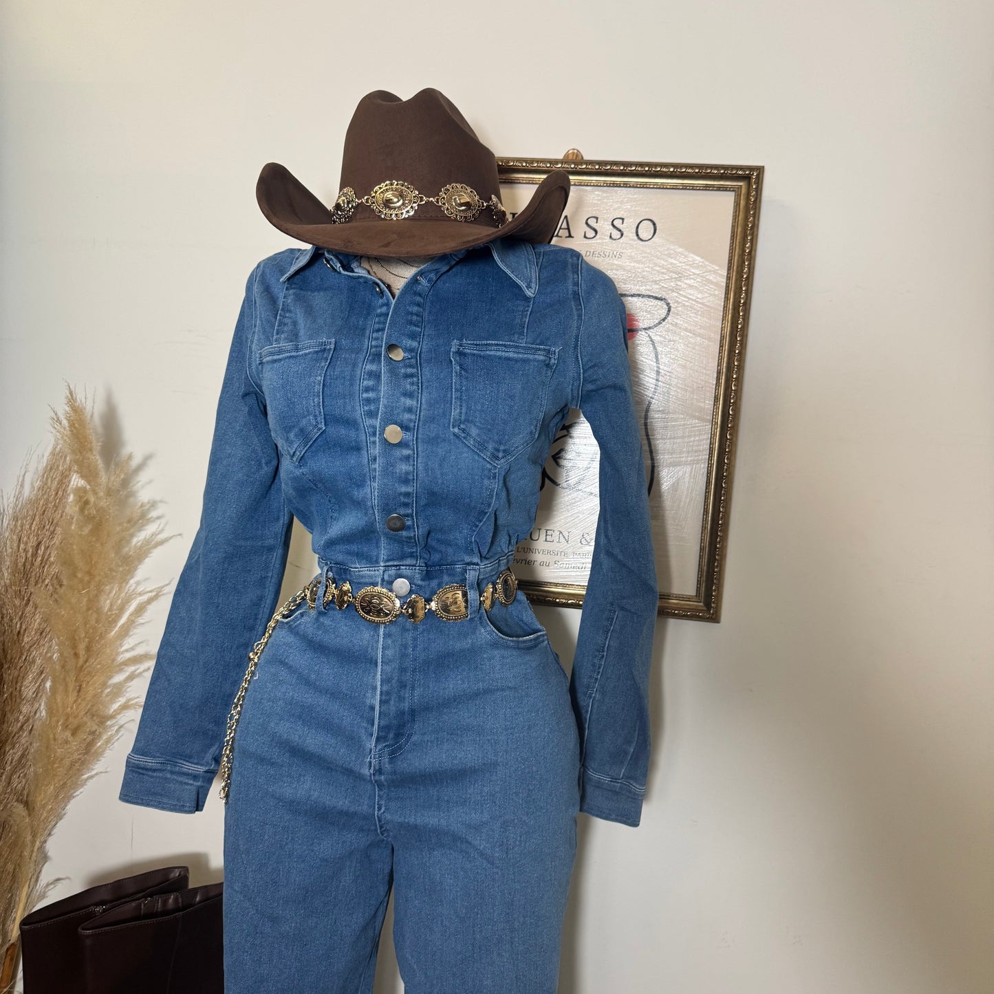 Denim Button Long Sleeve Jumpsuit -Medium Wash