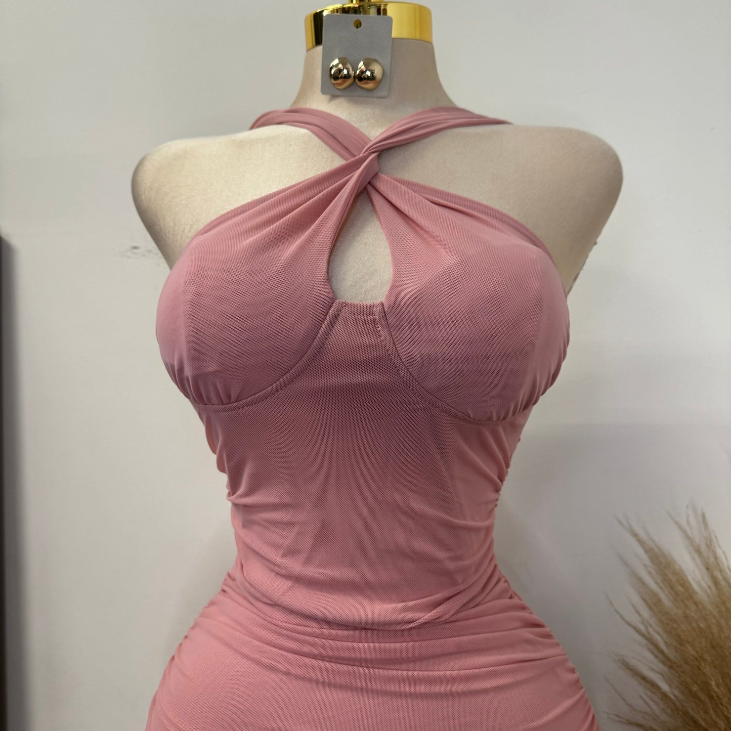 Inara Mesh Twist Halter Neck Midi Dress-Mauve