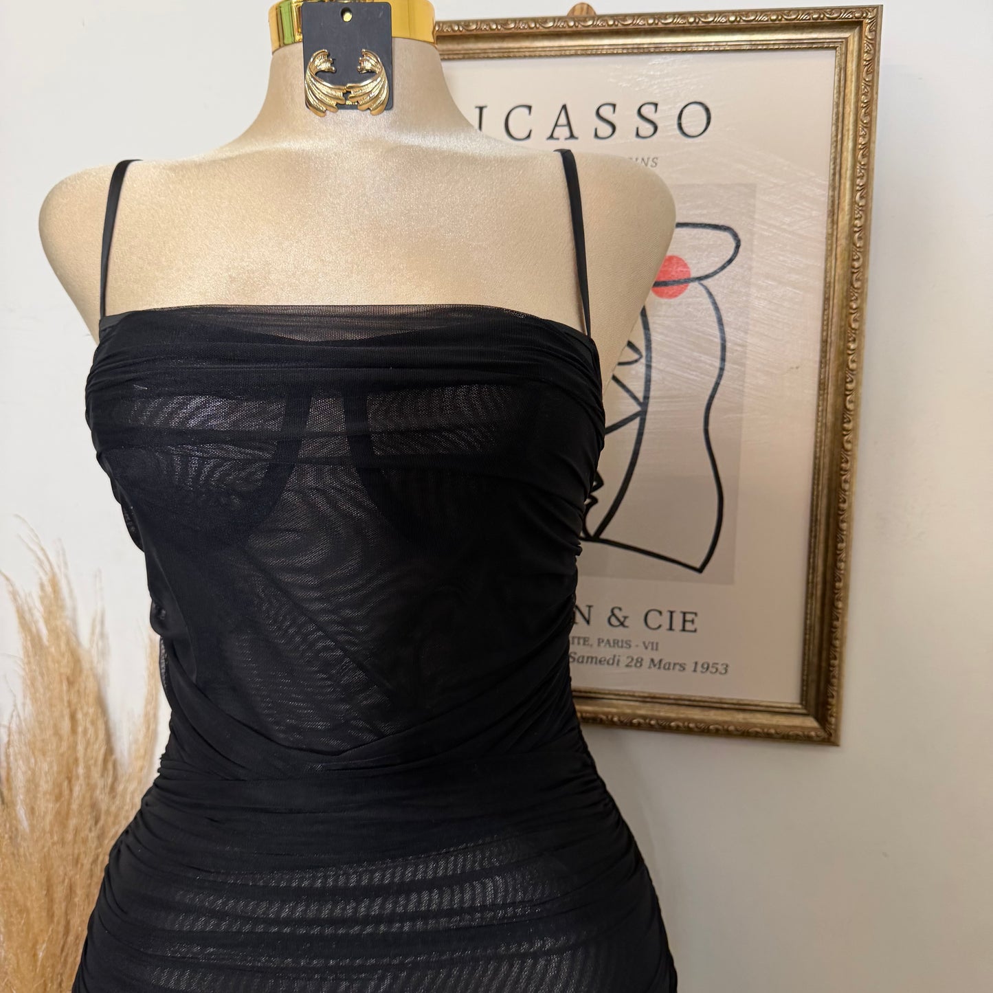 Ruched Mesh Bodycon Midi Dress-Black