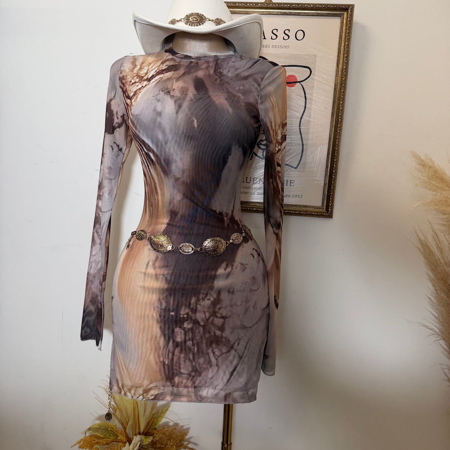 TORY Mesh Long Sleeve Dress-Brown/Beige