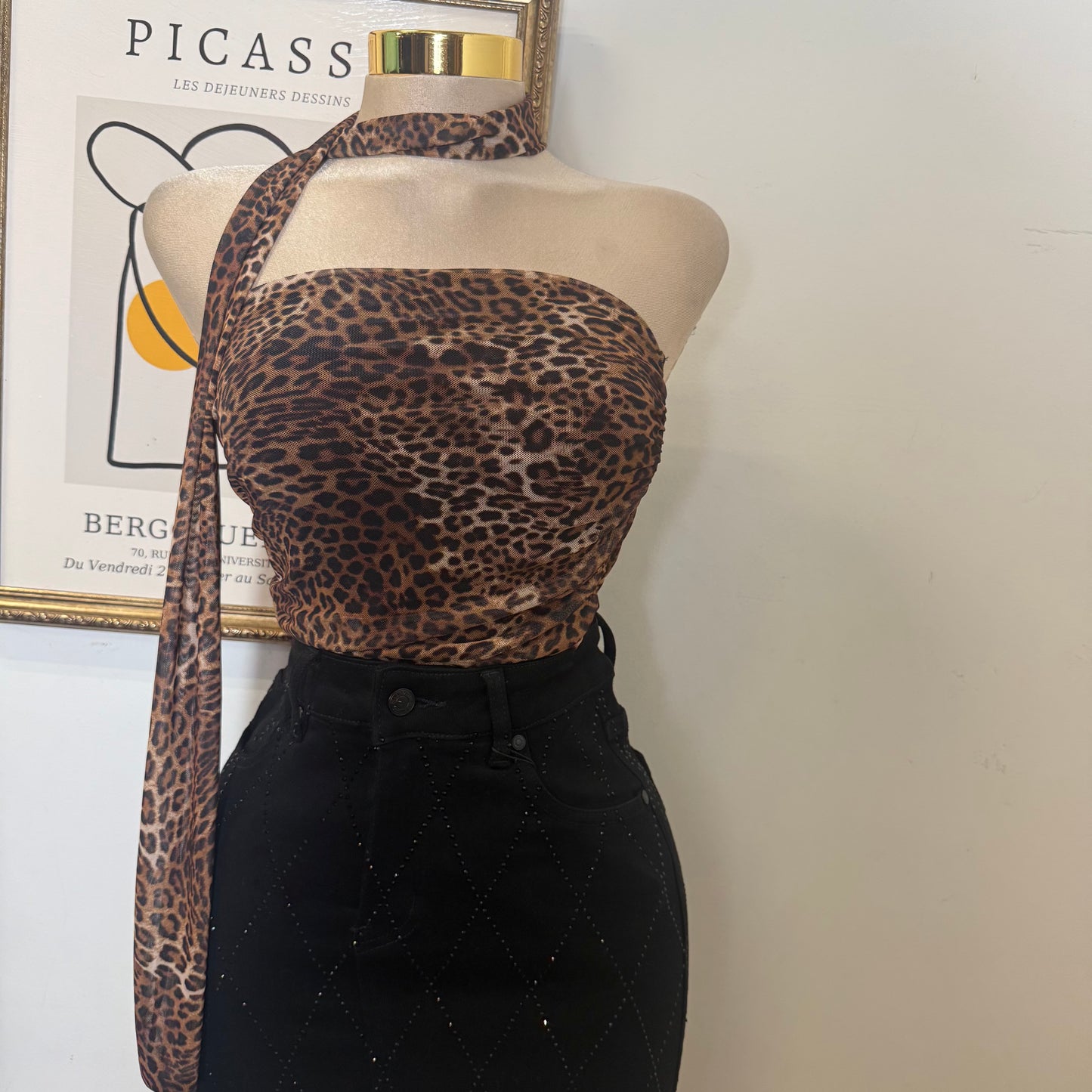 Leopard Mesh Print Tube w/ Tie Around neck Lining-Leopard