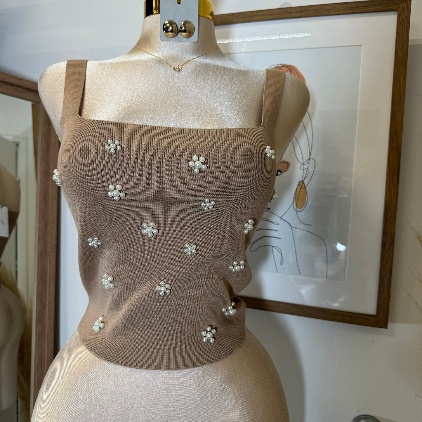 3D Flower Knit Tank Top-Taupe