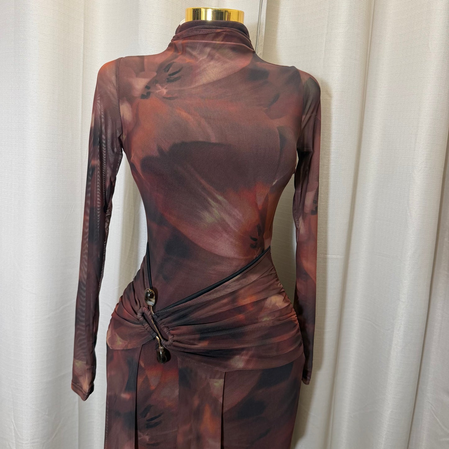 Long sleeve Front Sash Midi Dress-Multi Colored