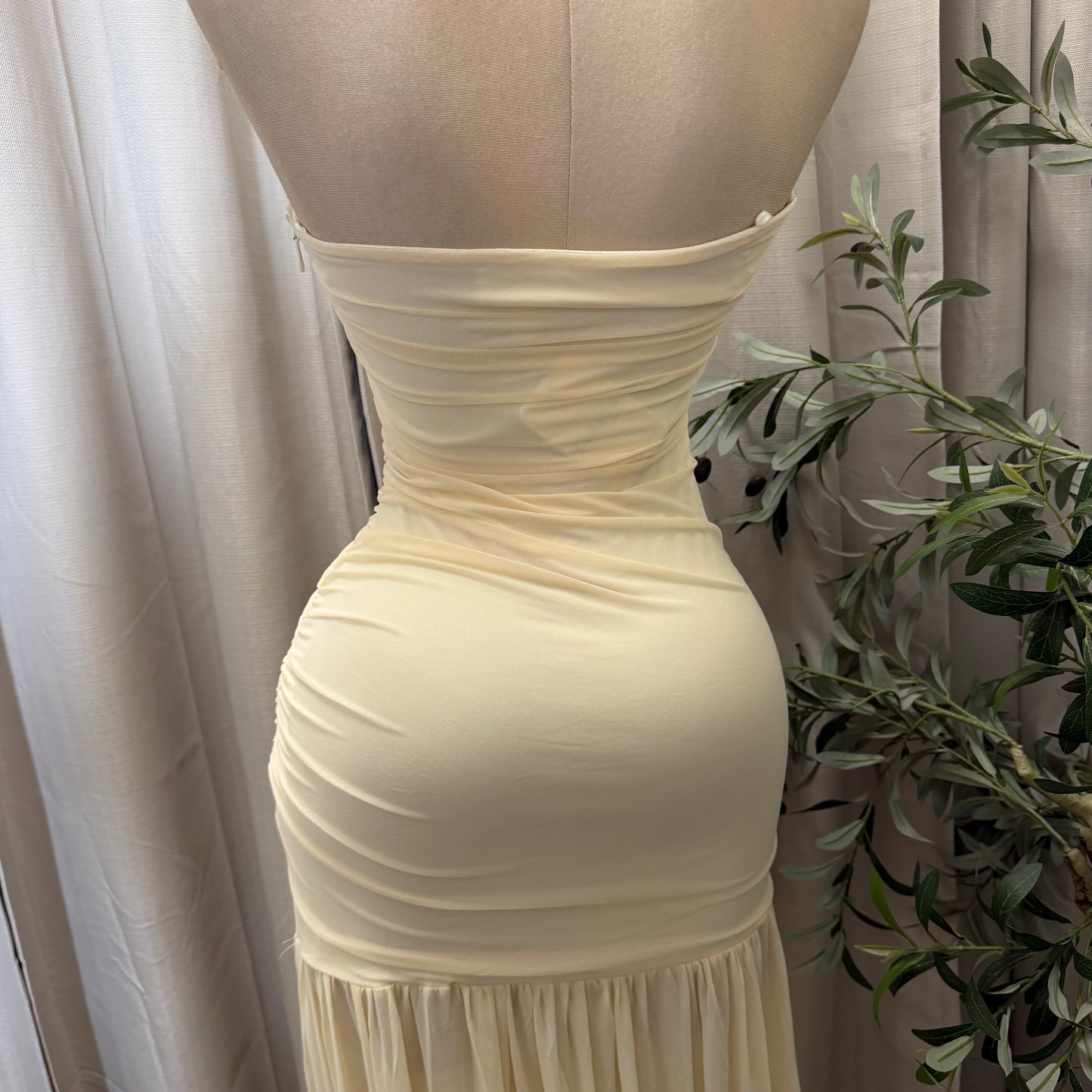 STRAPLESS RUCHED BODICE DROP WAIST MAXI DRESS-Cream