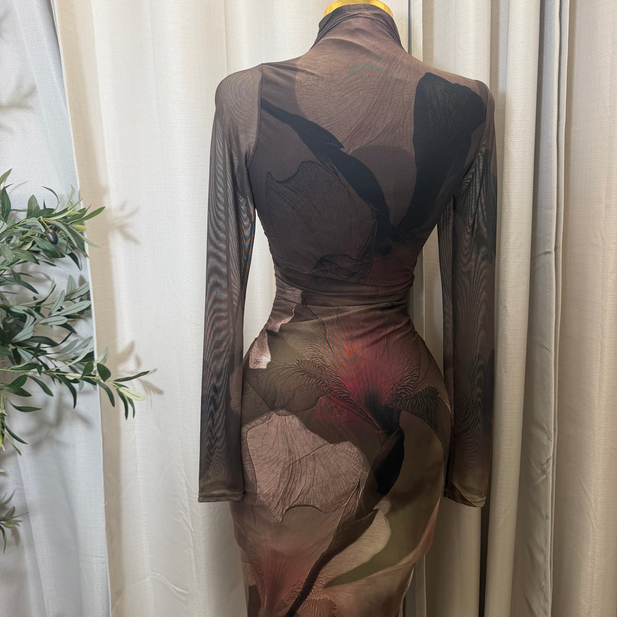 Big Flower Mesh Long sleeve Midi Dress-Olive combo