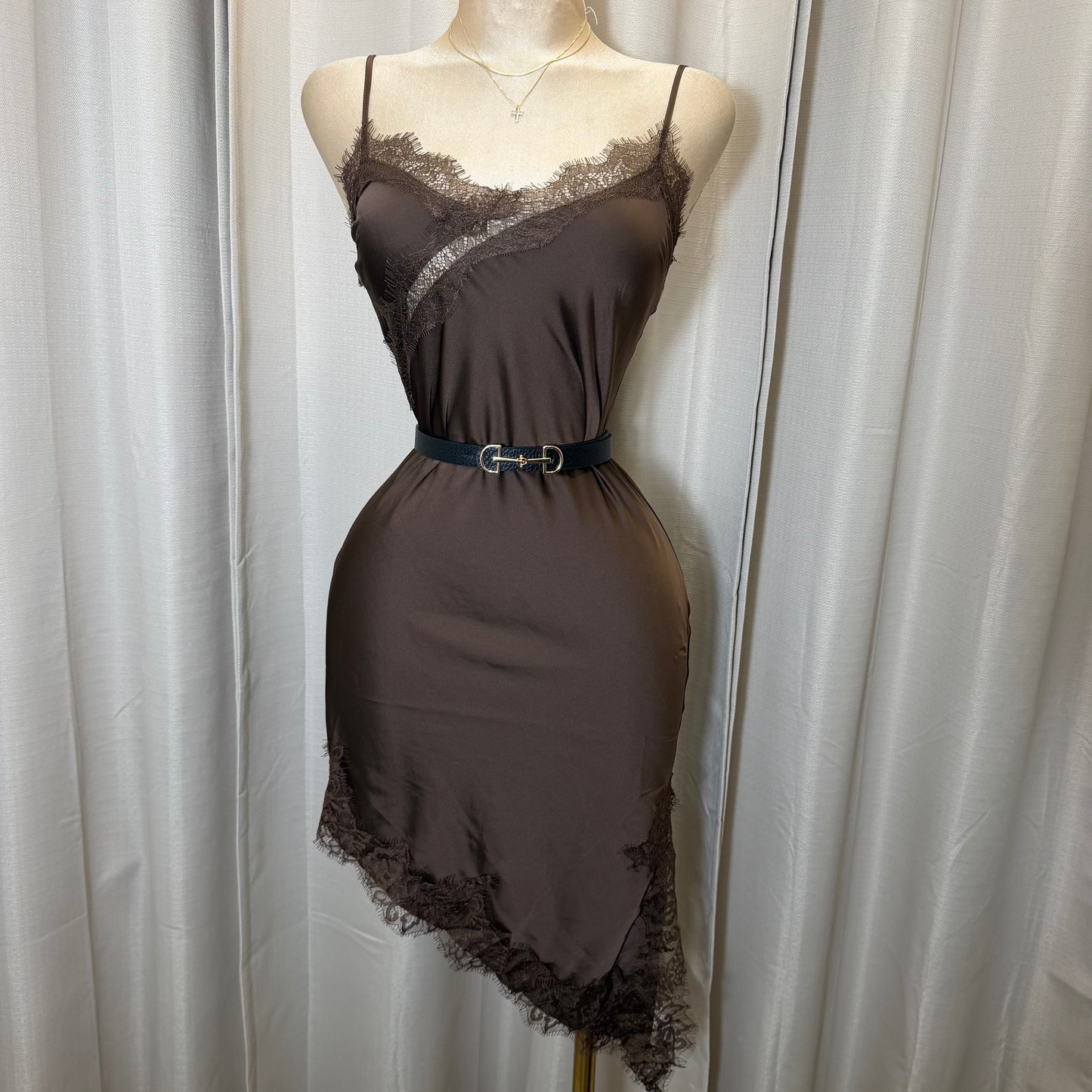 Satin Asymmetrical Lace detail Dress-brown