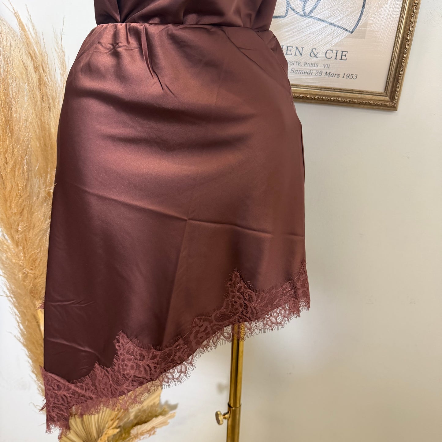 Asymmetrical lace trim midi Skirt-brown