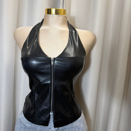 Leather Halter Top-Black
