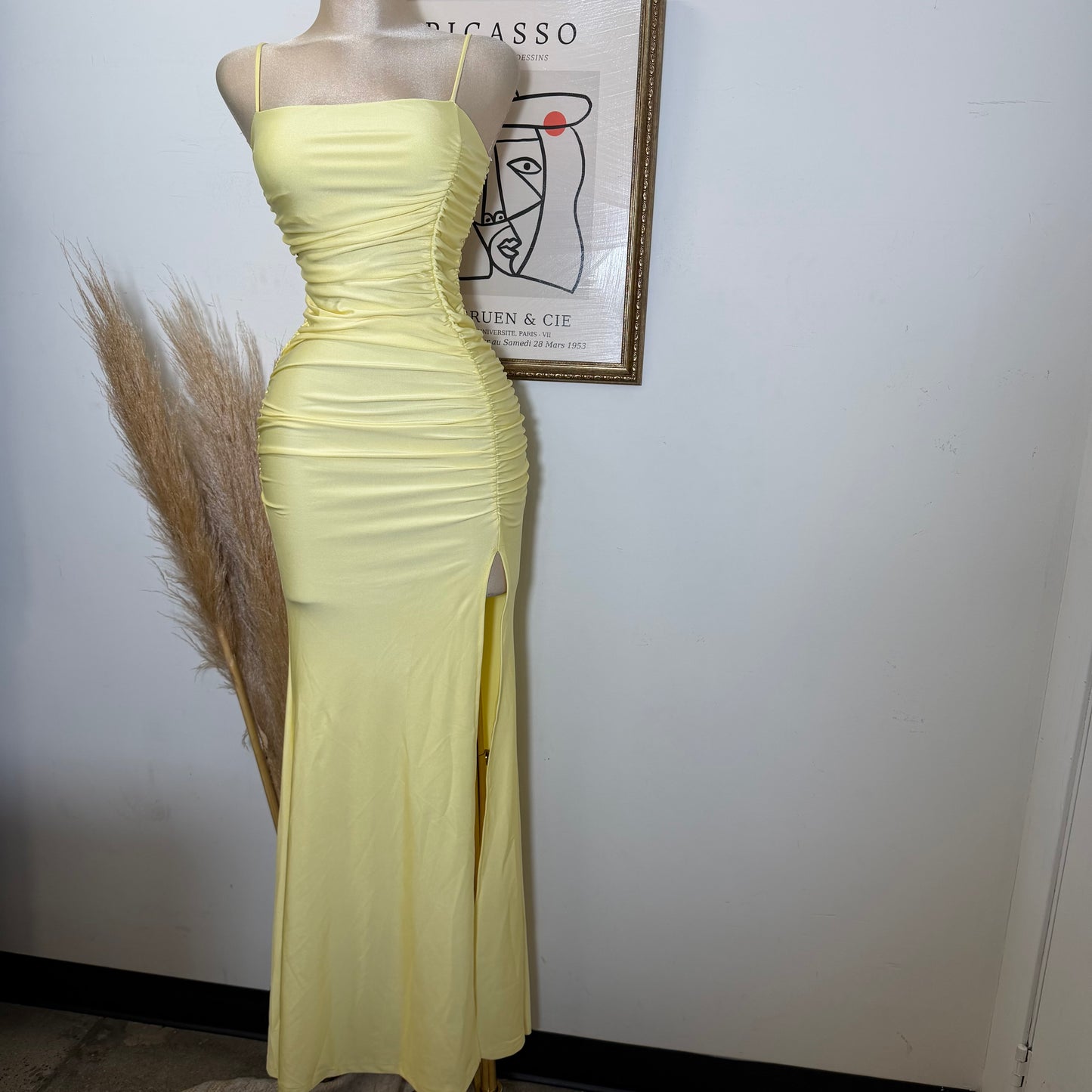 Ruched Slit Mermaid Maxi Dress-Yellow