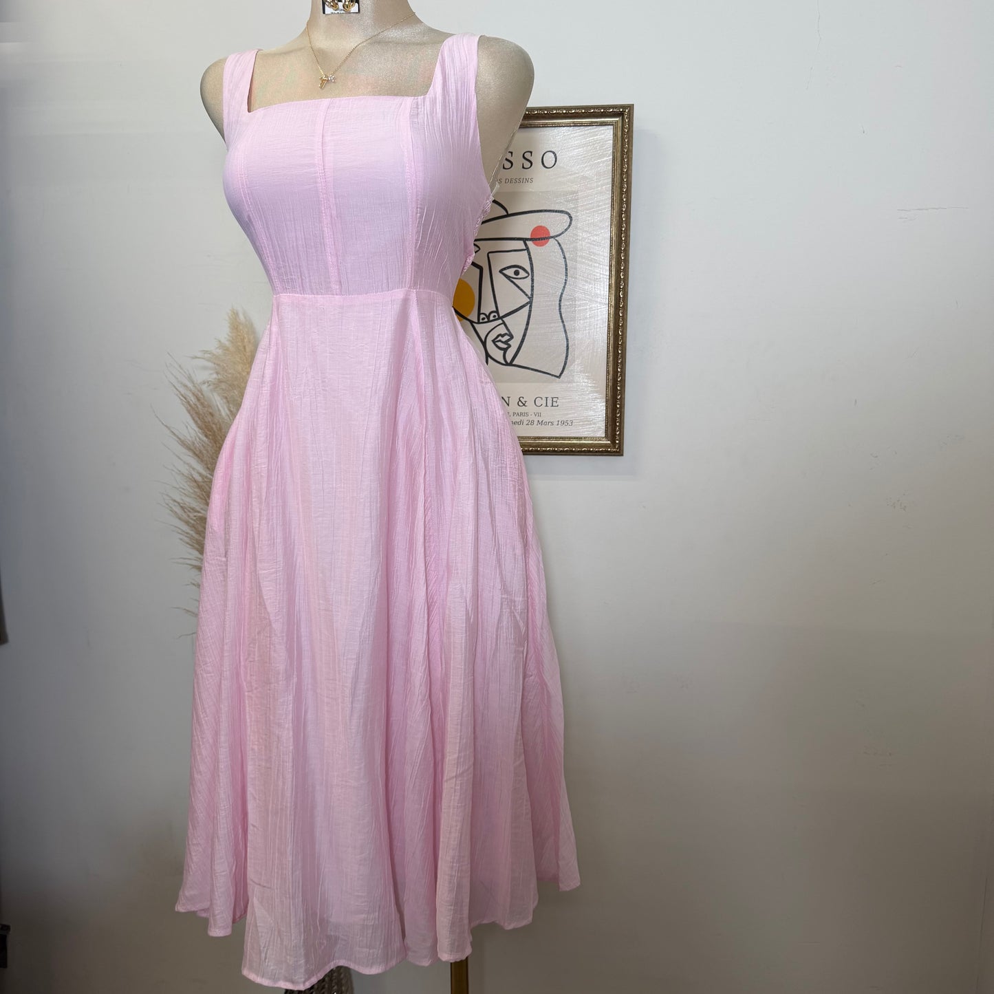 Square Neck Midi Dress-Pink