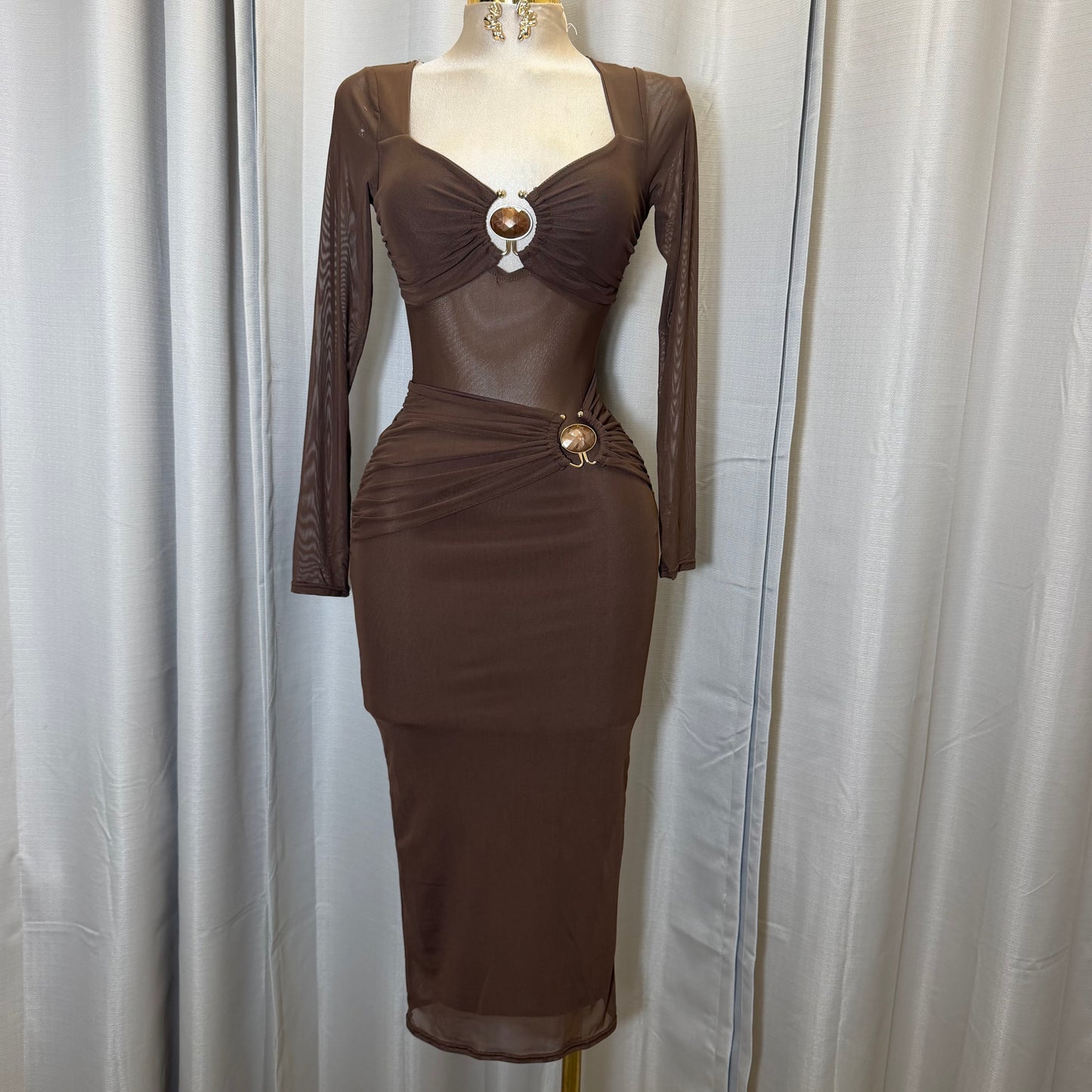 Front Trim mesh Midi dress-Brown